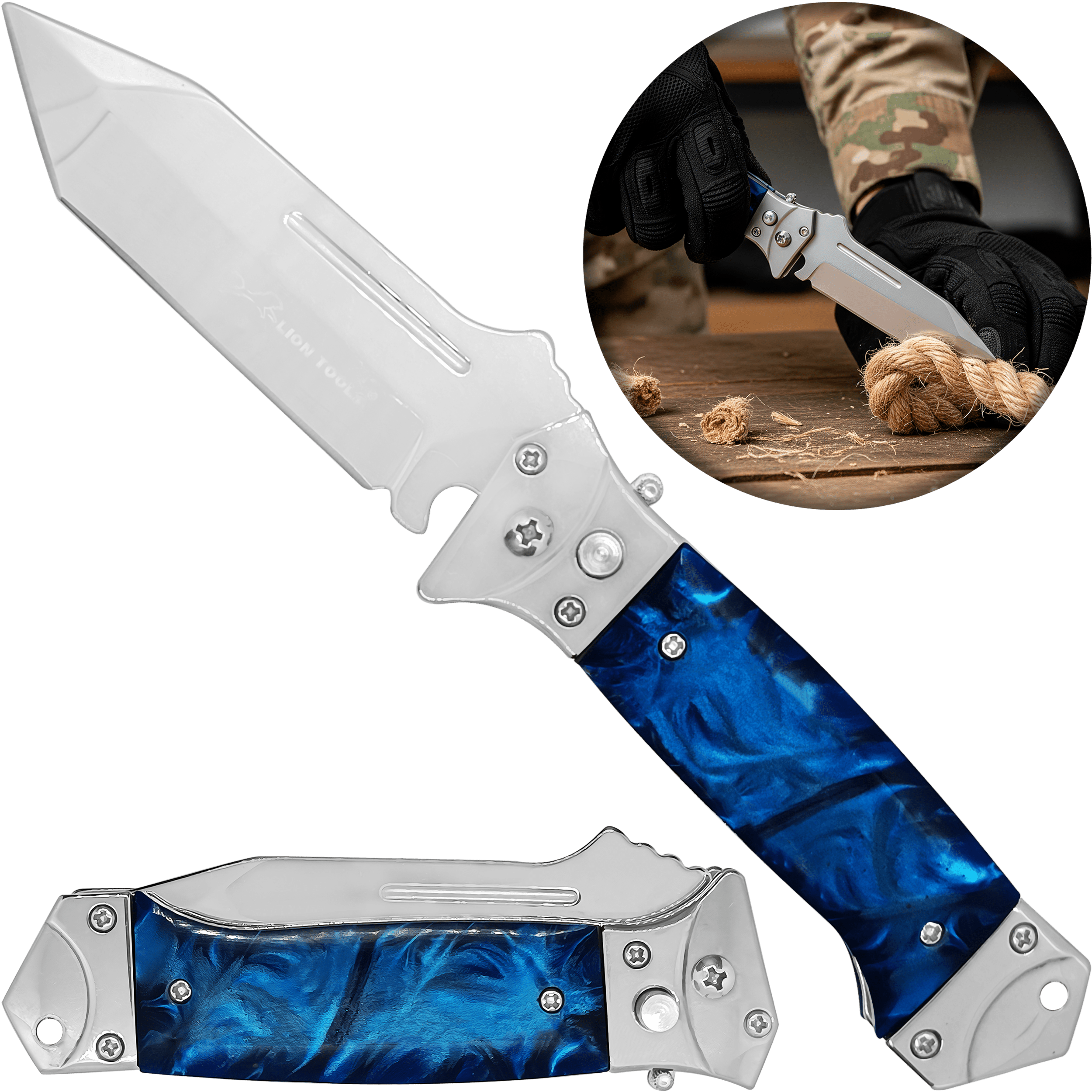 Navaja Tactica Uso Rudo Campismo Lion Tools color azul con hoja de acero inoxidable 420 y clip para cinturón. Navaja Tactica Uso Rudo Campismo marca Lion Tools modelo 7085 con hoja afilada de 8.5 cm y diseño plegable.