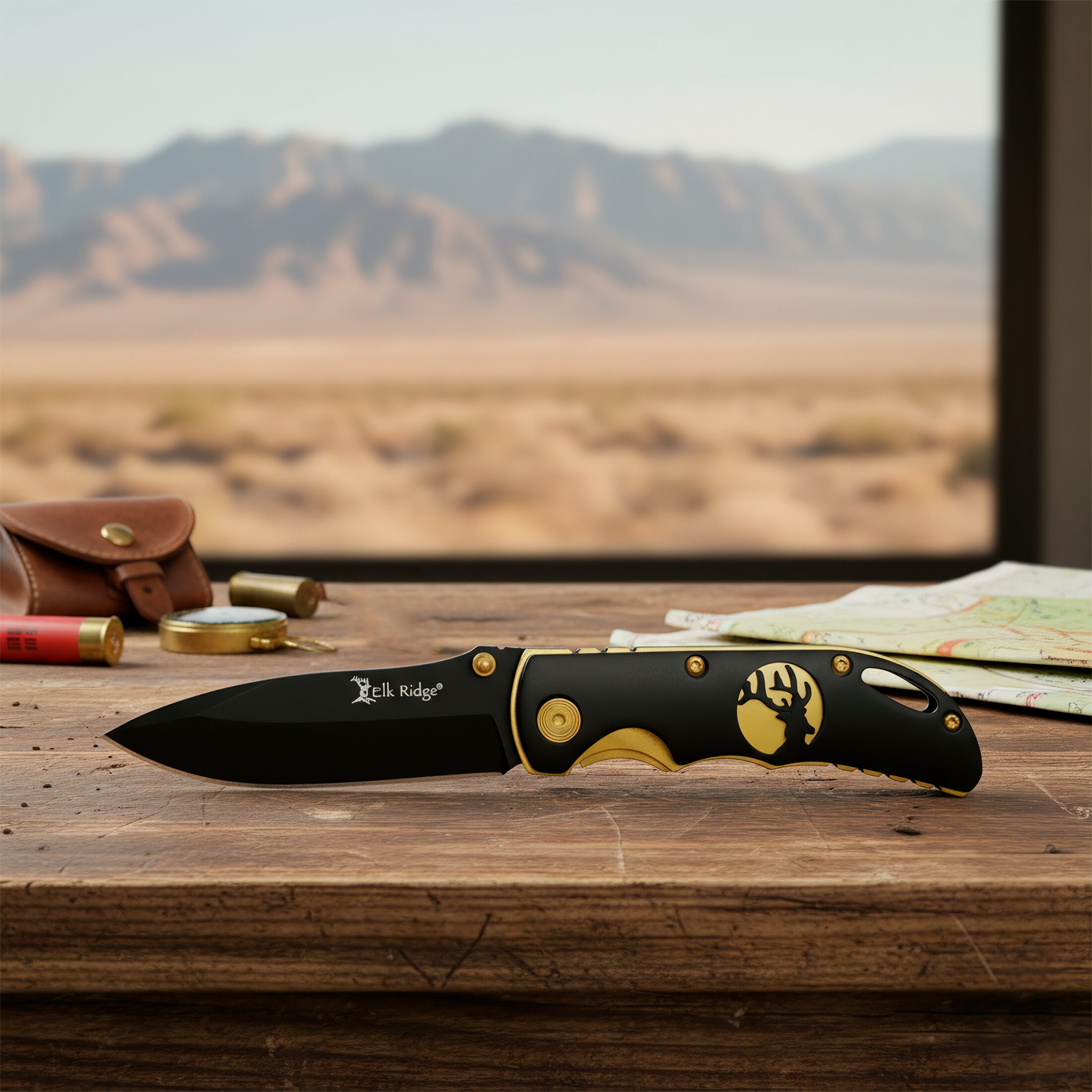 Navaja Clásica Premium Uso Rudo Elk Ridge con hoja de acero inoxidable y clip táctico para cinturón Navaja Clásica Premium Uso Rudo marca Elk Ridge modelo ER-134 con apertura manual y seguro anti cierre