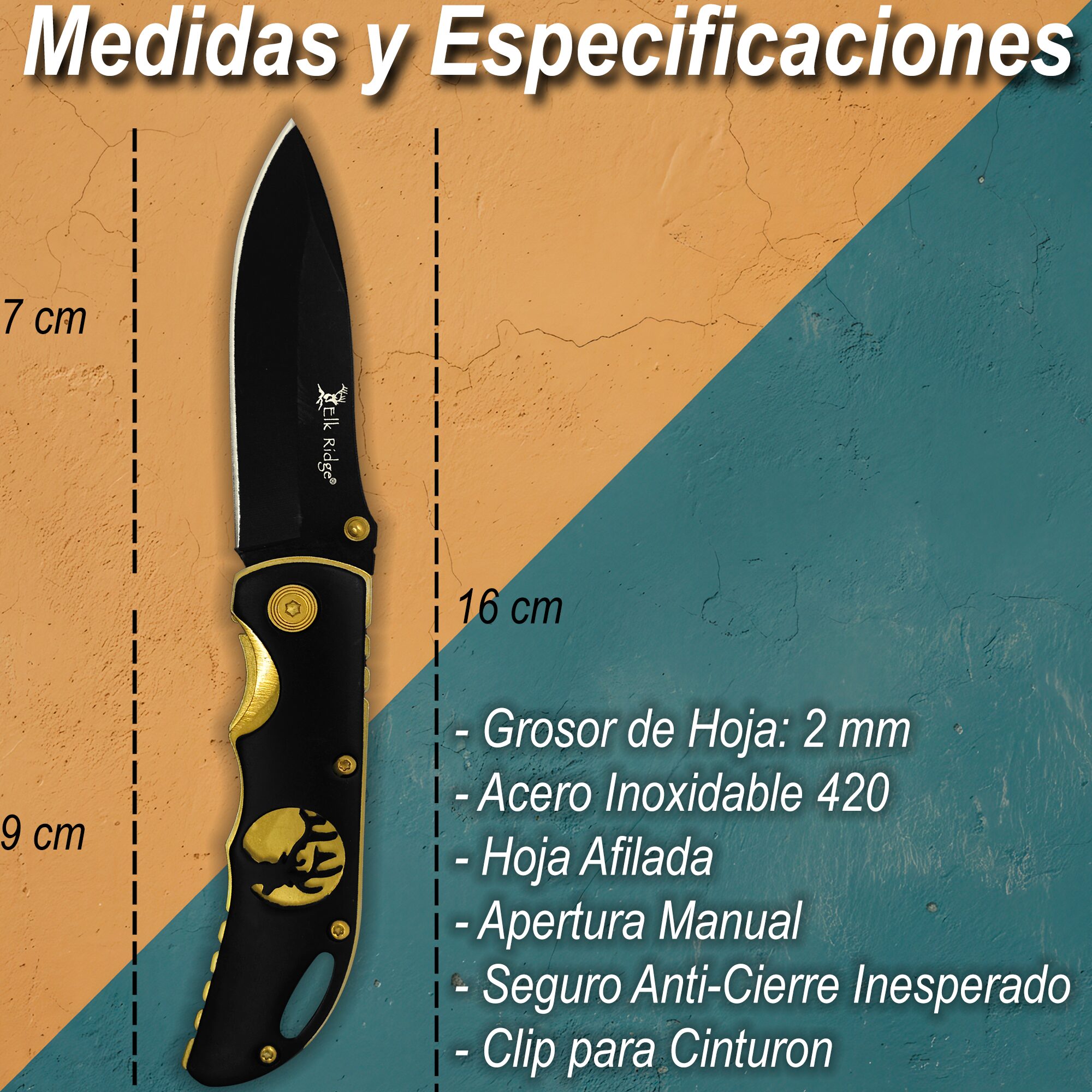 Navaja Clásica Premium Uso Rudo Elk Ridge con hoja de acero inoxidable y clip táctico para cinturón Navaja Clásica Premium Uso Rudo marca Elk Ridge modelo ER-134 con apertura manual y seguro anti cierre