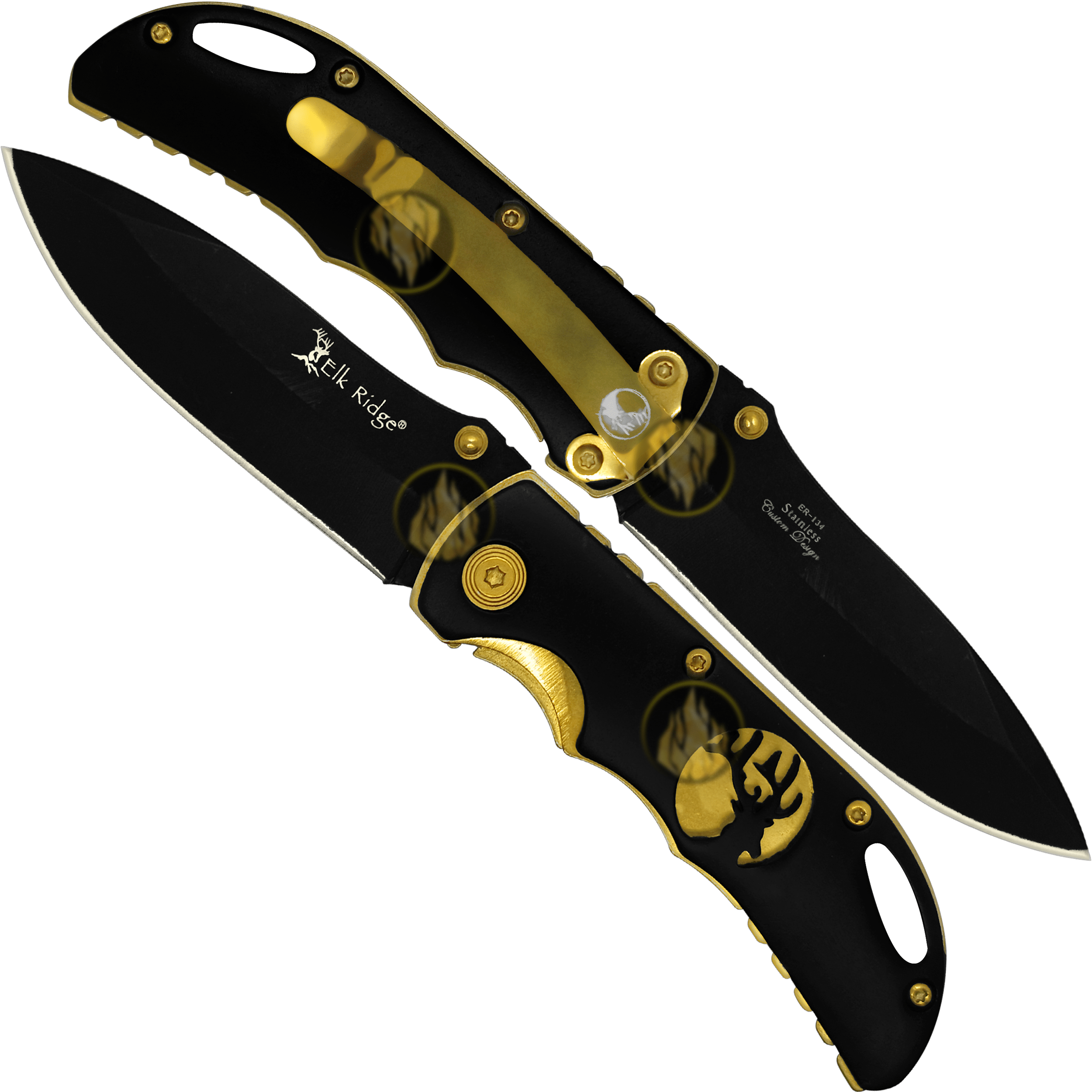 Navaja Clásica Premium Uso Rudo Elk Ridge con hoja de acero inoxidable y clip táctico para cinturón Navaja Clásica Premium Uso Rudo marca Elk Ridge modelo ER-134 con apertura manual y seguro anti cierre