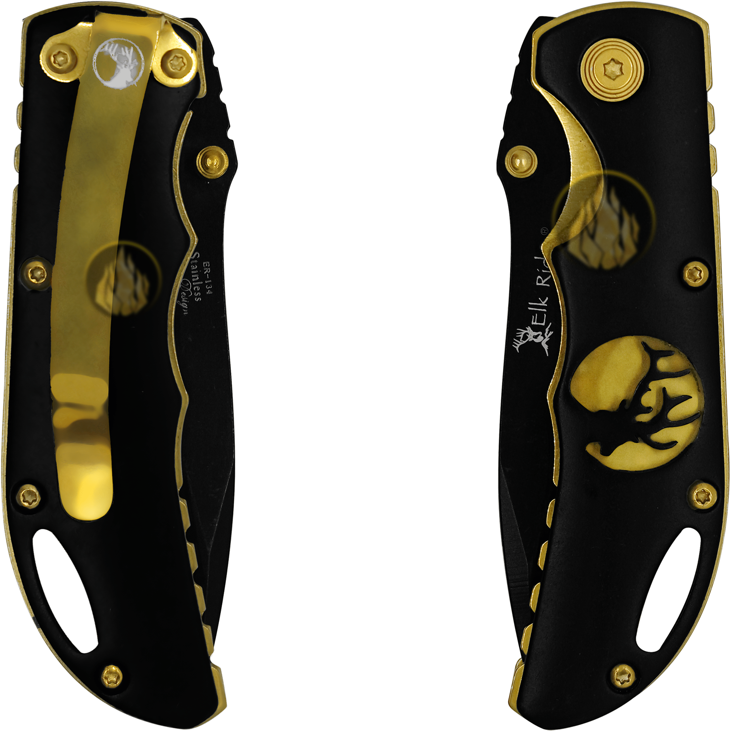 Navaja Clásica Premium Uso Rudo Elk Ridge con hoja de acero inoxidable y clip táctico para cinturón Navaja Clásica Premium Uso Rudo marca Elk Ridge modelo ER-134 con apertura manual y seguro anti cierre