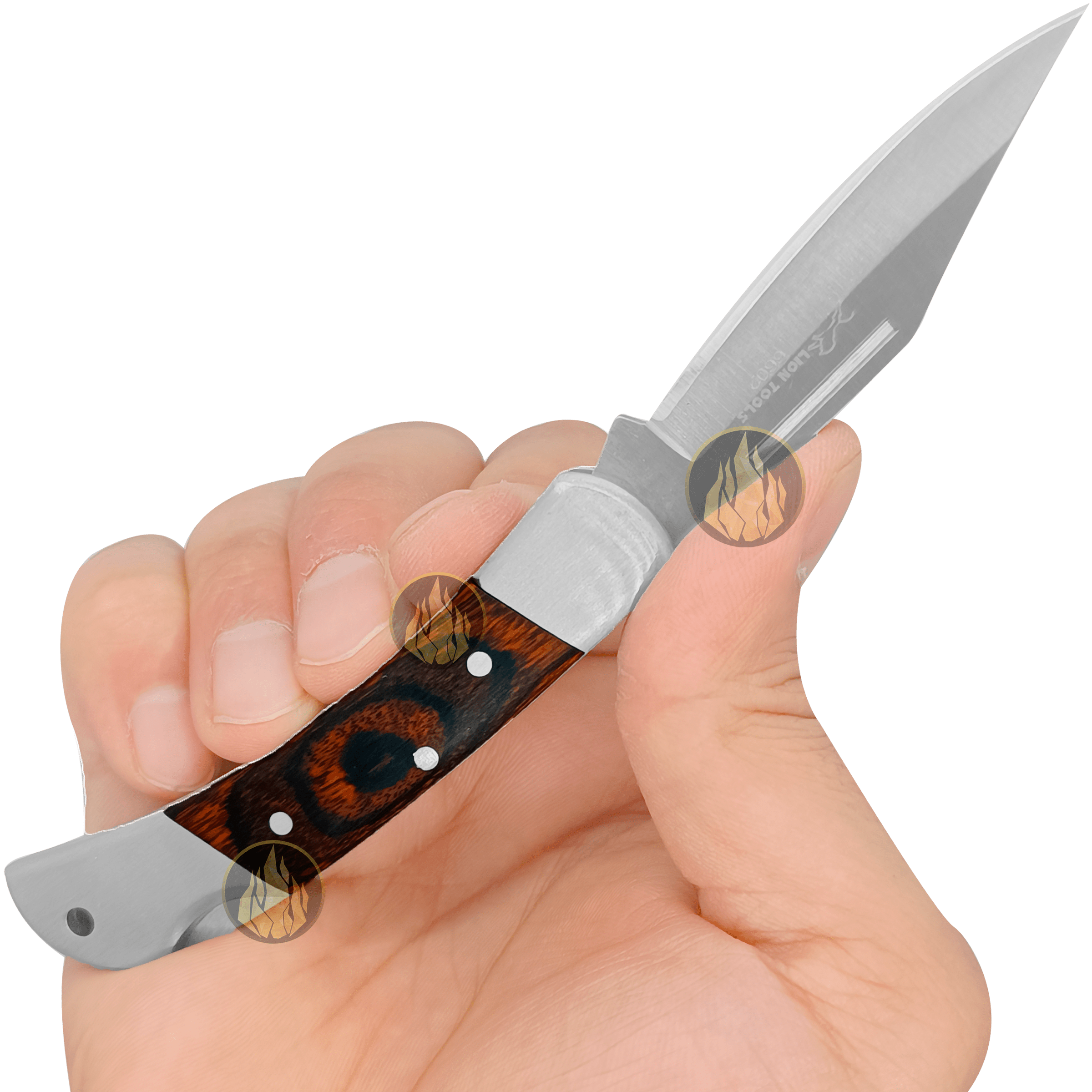 Navaja Mango De Madera Lion Tools modelo 6602 con hoja de acero inoxidable 420 y sistema de muelle para uso rudo y caza.