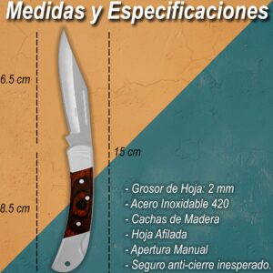 Navaja Mango De Madera Lion Tools modelo 6602 con hoja de acero inoxidable 420 y sistema de muelle para uso rudo y caza.
