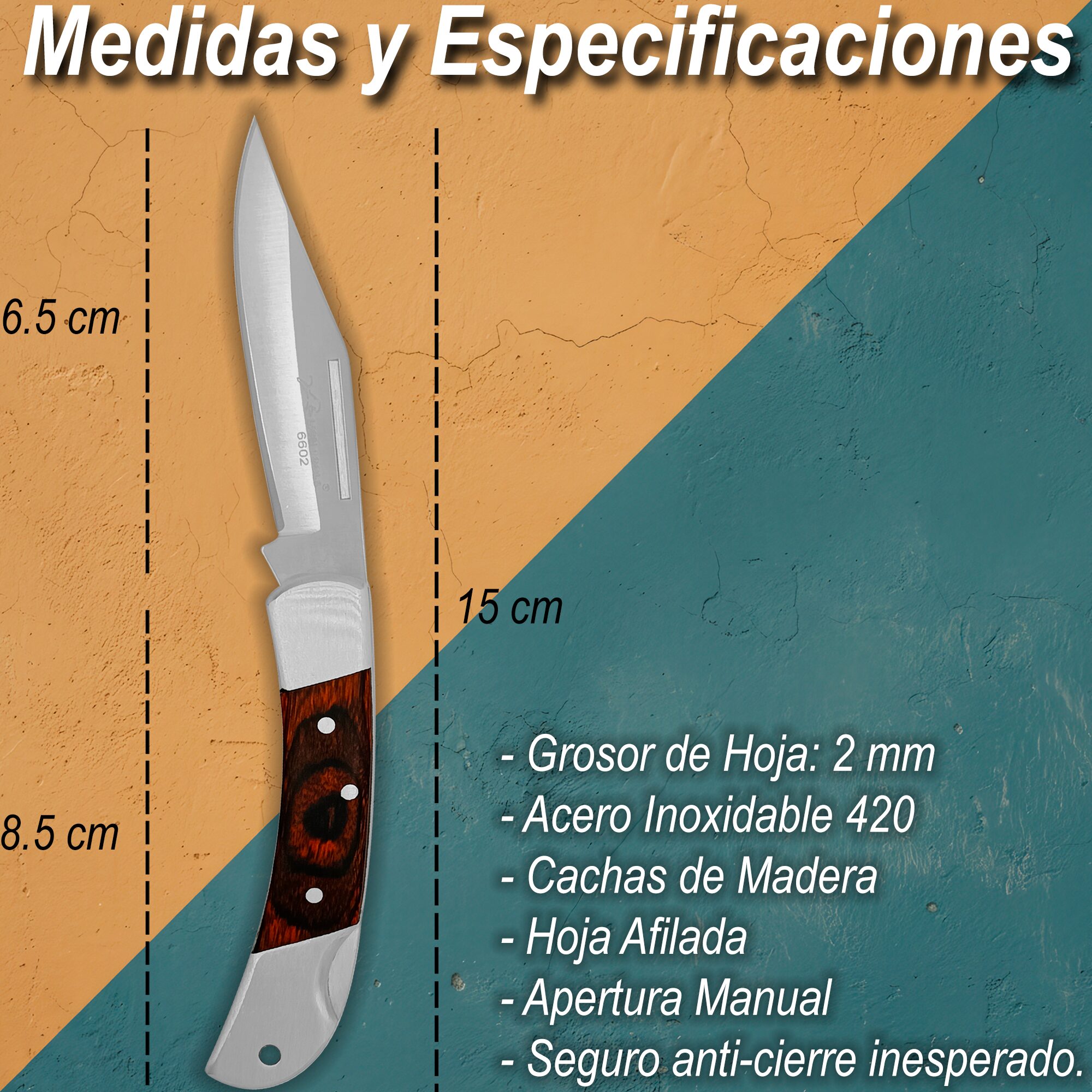 Navaja Mango De Madera Lion Tools modelo 6602 con hoja de acero inoxidable 420 y sistema de muelle para uso rudo y caza.