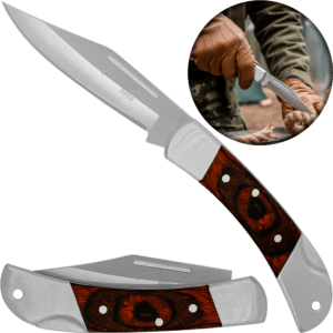 Navaja Mango De Madera Lion Tools modelo 6602 con hoja de acero inoxidable 420 y sistema de muelle para uso rudo y caza.