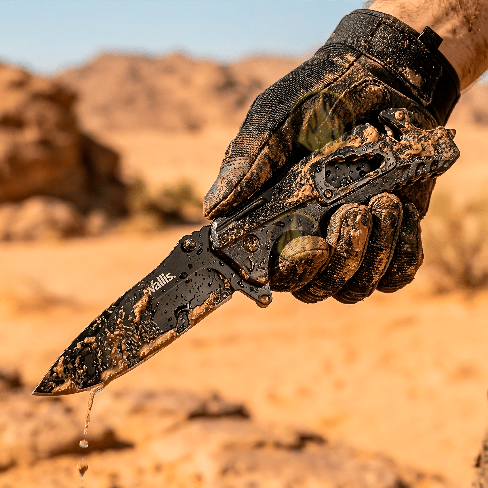 Navaja Militar Rompe Vidrios Wallis modelo K900372 con hoja de acero inoxidable y corta cinturón integrado.