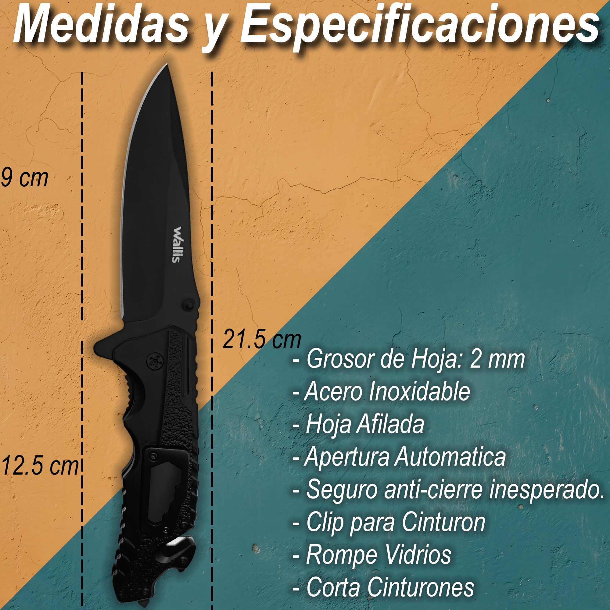 Navaja Militar Rompe Vidrios Wallis modelo K900372 con hoja de acero inoxidable y corta cinturón integrado.