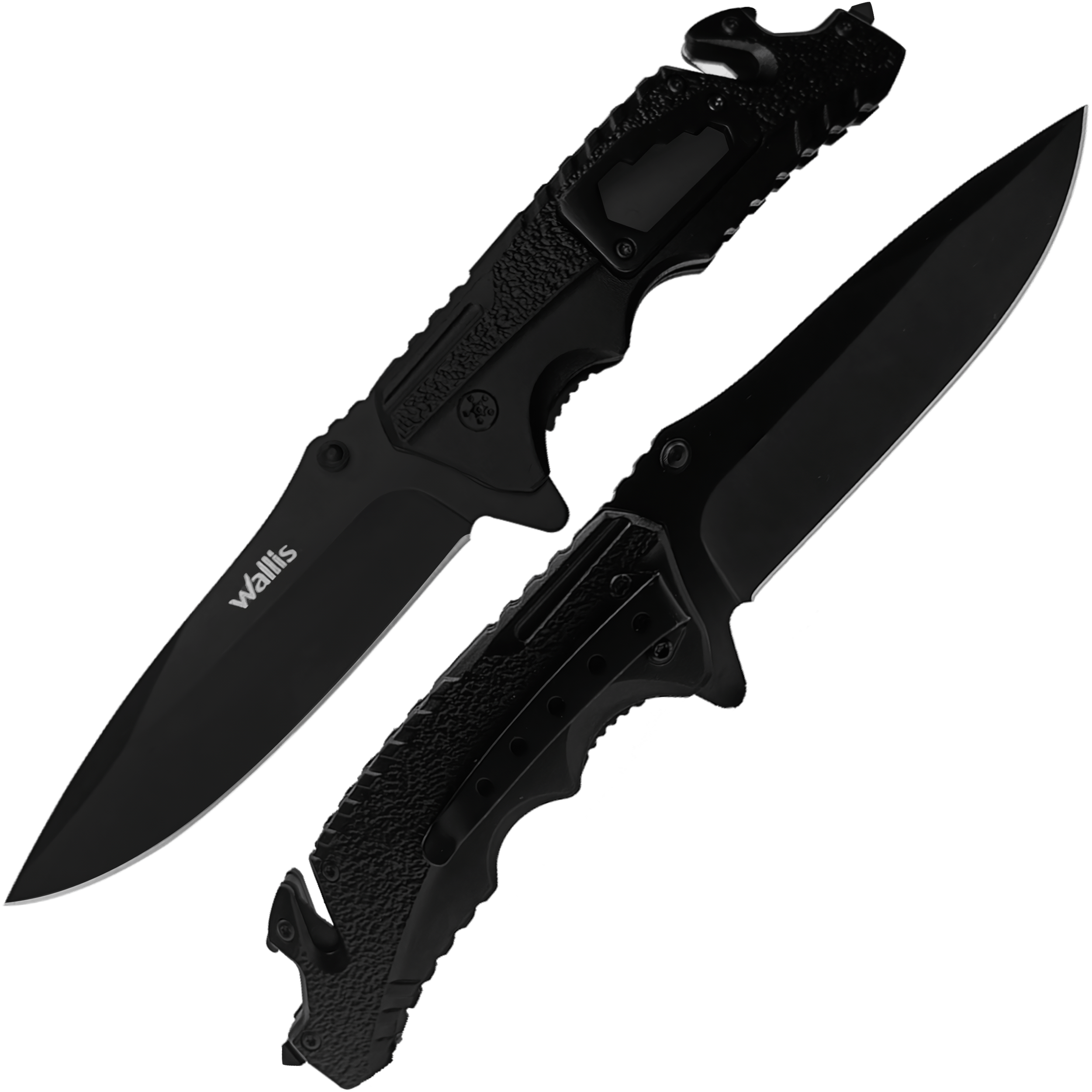 Navaja Militar Rompe Vidrios Wallis modelo K900372 con hoja de acero inoxidable y corta cinturón integrado.