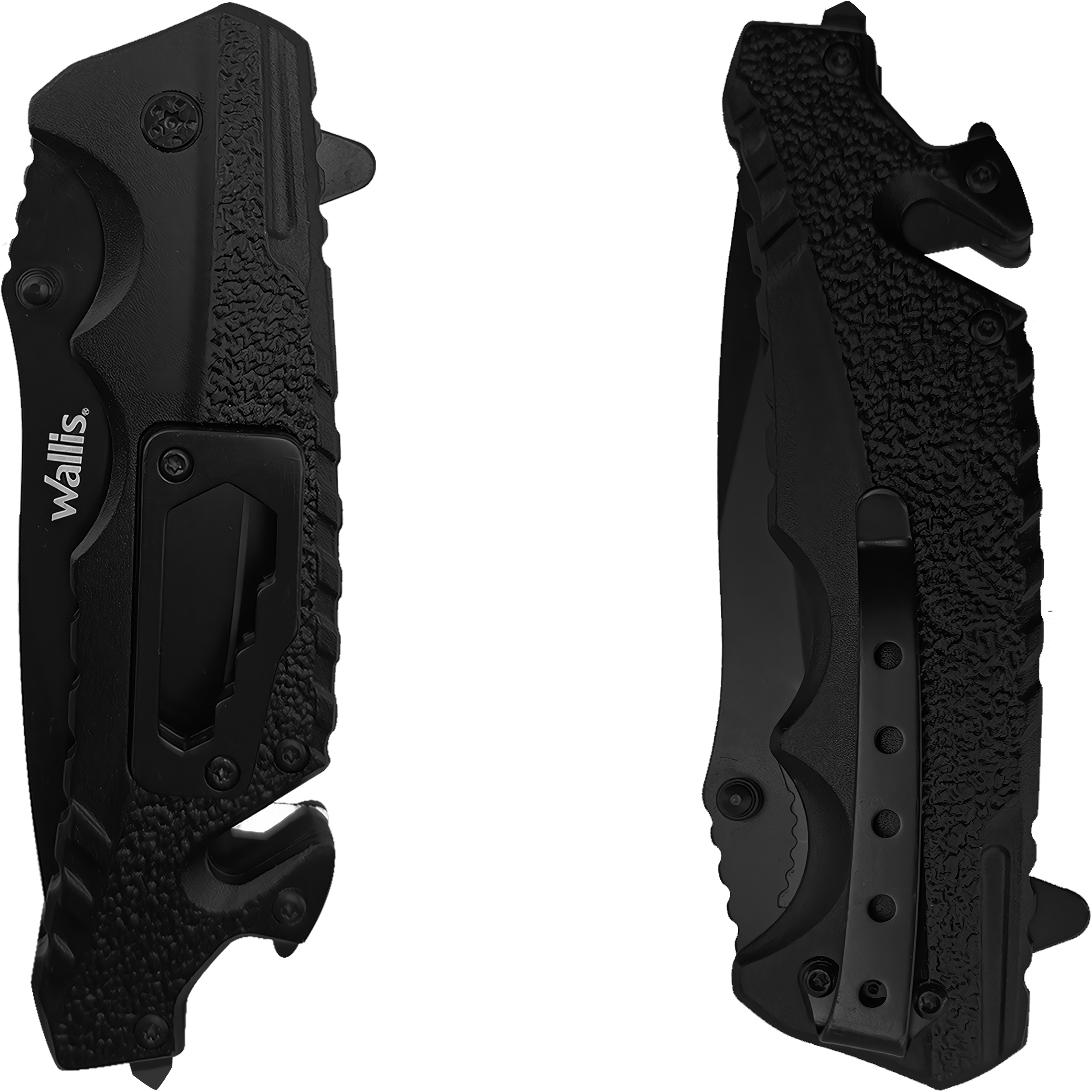 Navaja Militar Rompe Vidrios Wallis modelo K900372 con hoja de acero inoxidable y corta cinturón integrado.