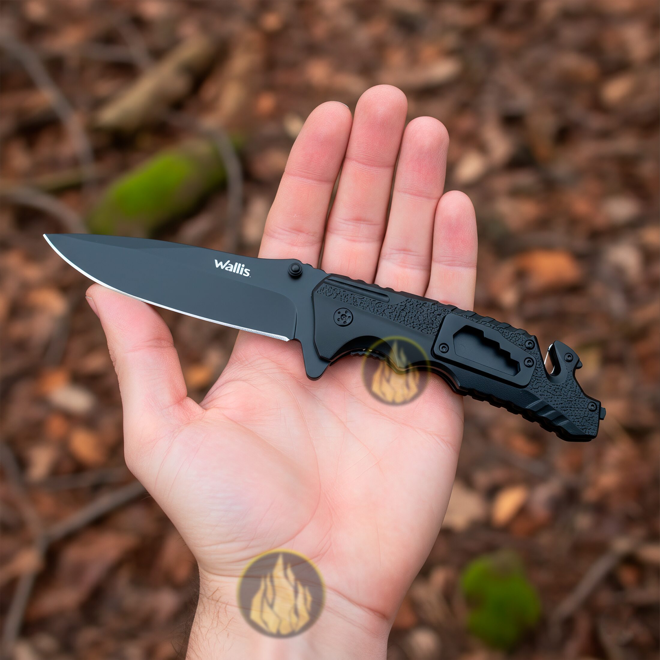 Navaja Militar Rompe Vidrios Wallis modelo K900372 con hoja de acero inoxidable y corta cinturón integrado.