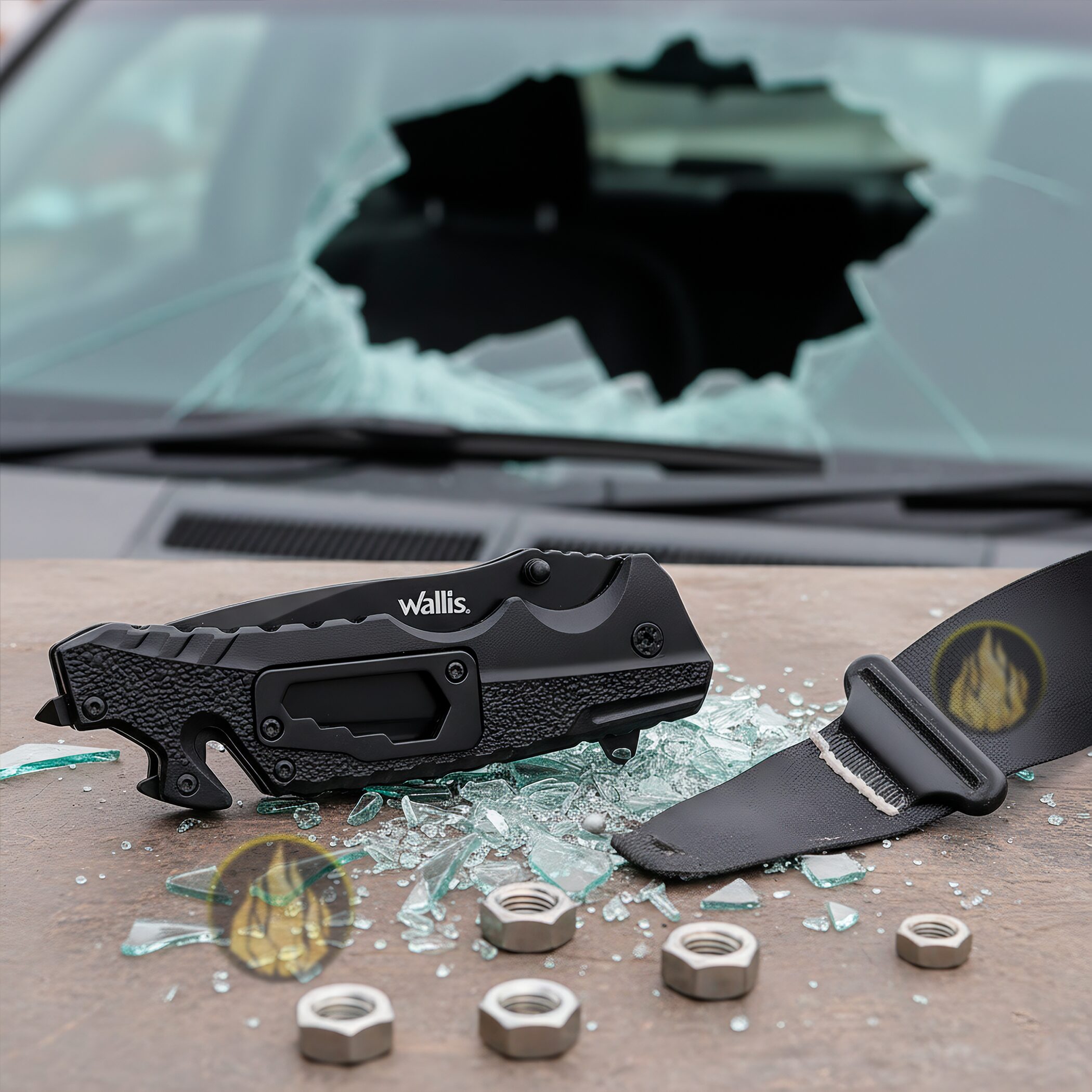 Navaja Militar Rompe Vidrios Wallis modelo K900372 con hoja de acero inoxidable y corta cinturón integrado.