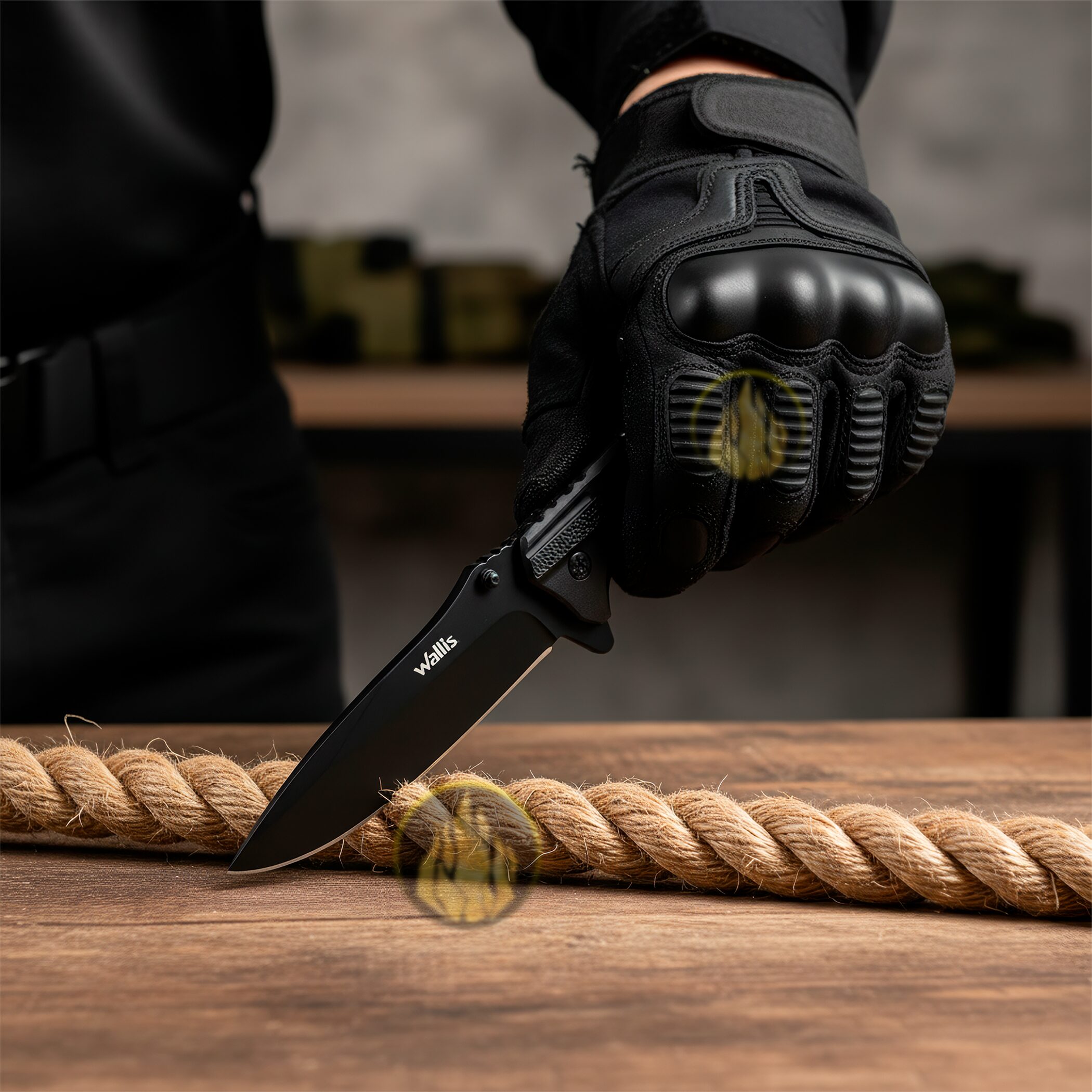 Navaja Militar Rompe Vidrios Wallis modelo K900372 con hoja de acero inoxidable y corta cinturón integrado.