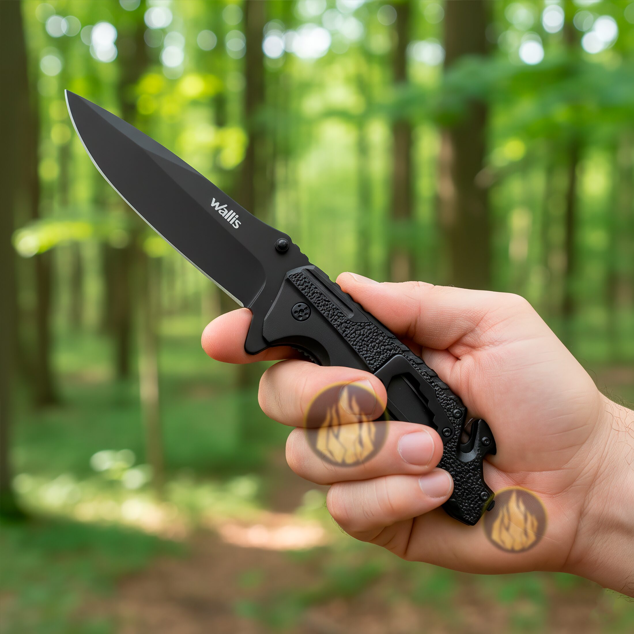 Navaja Militar Rompe Vidrios Wallis modelo K900372 con hoja de acero inoxidable y corta cinturón integrado.