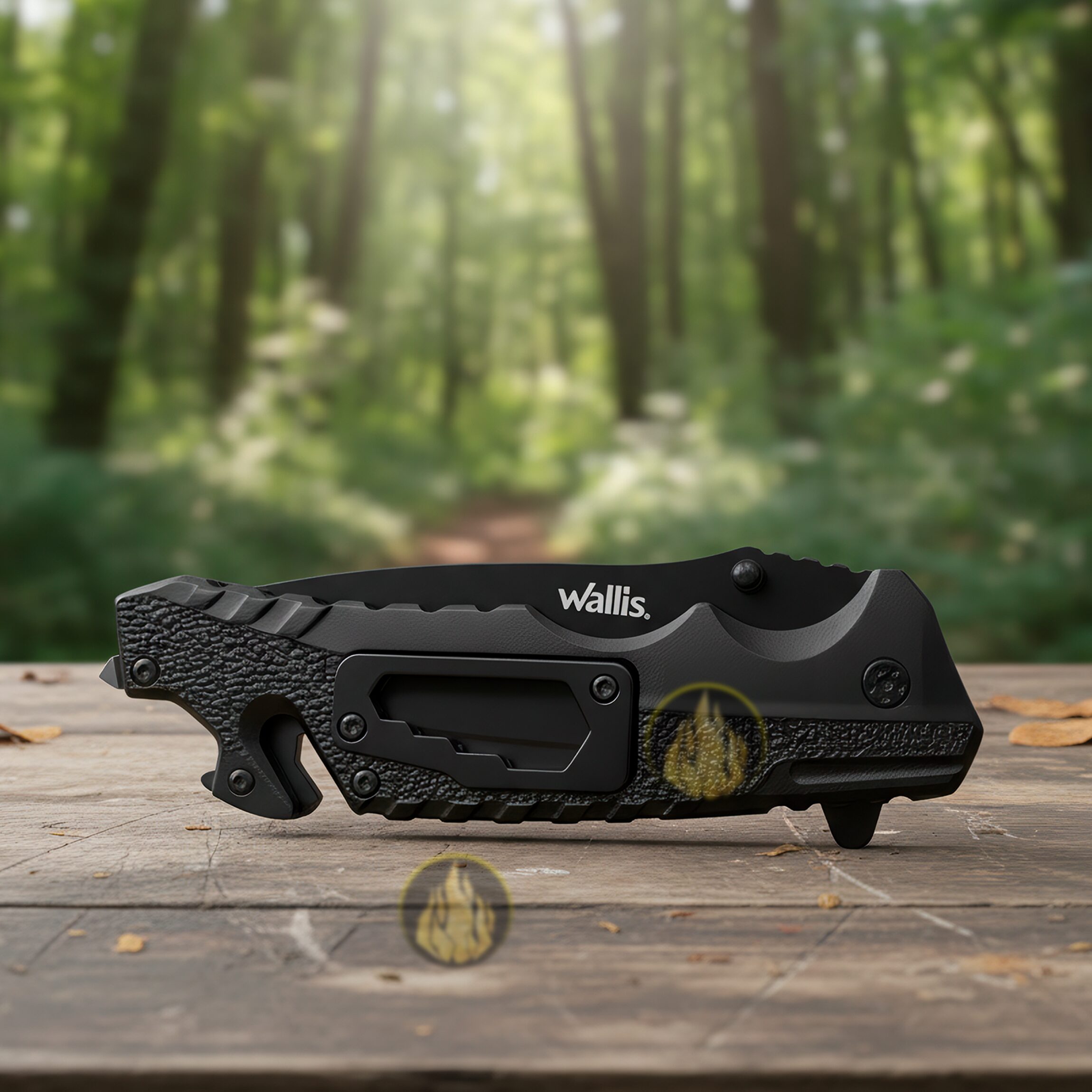 Navaja Militar Rompe Vidrios Wallis modelo K900372 con hoja de acero inoxidable y corta cinturón integrado.