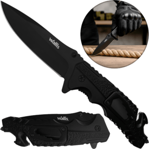 Navaja Militar Rompe Vidrios Wallis modelo K900372 con hoja de acero inoxidable y corta cinturón integrado.