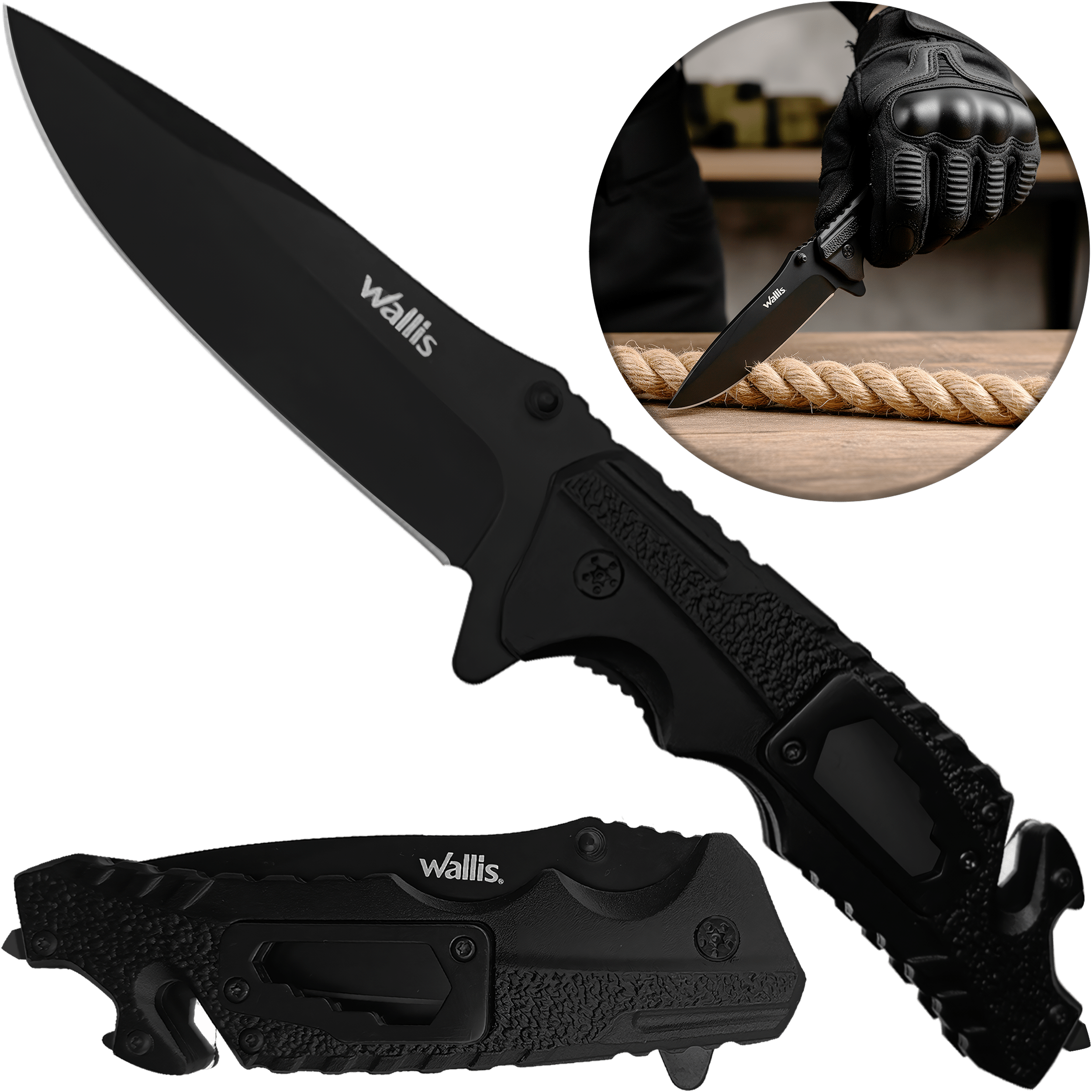 Navaja Militar Rompe Vidrios Wallis modelo K900372 con hoja de acero inoxidable y corta cinturón integrado.