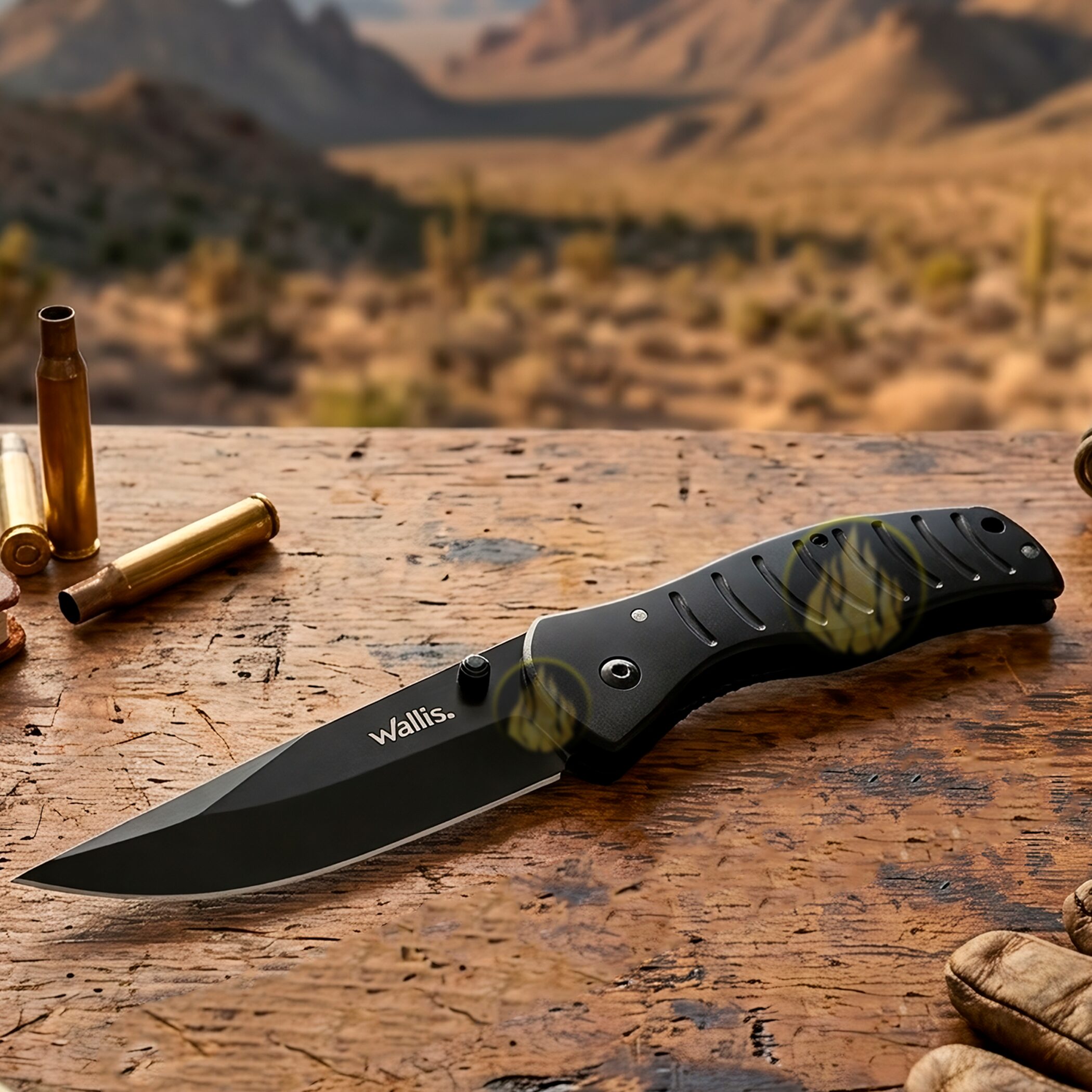 Navaja Militar Uso Rudo Wallis negra con clip y hoja de acero inoxidable afilada para caza y uso táctico Navaja Militar Uso Rudo marca Wallis modelo K900334 con seguro anti cierre y diseño táctico resistente