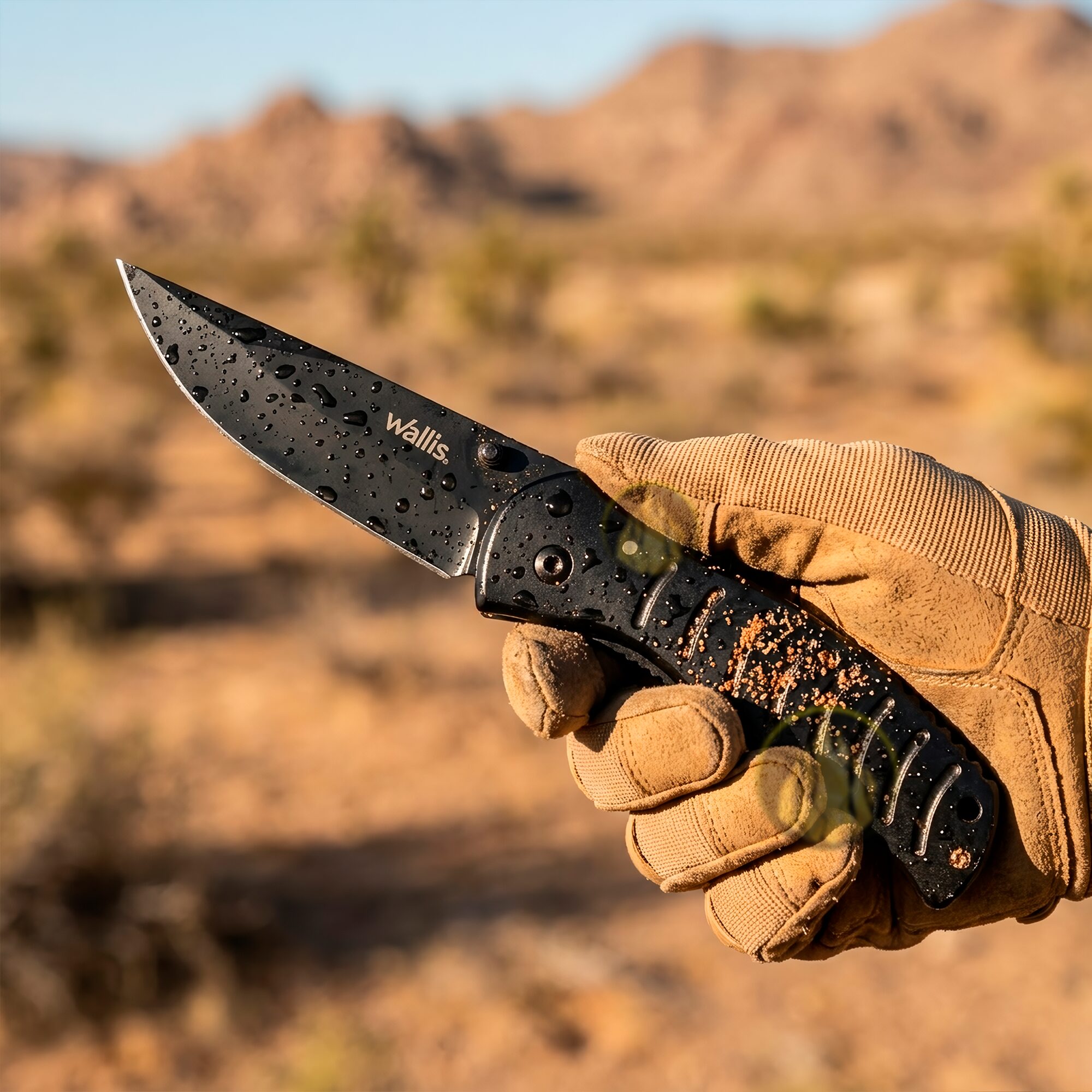 Navaja Militar Uso Rudo Wallis negra con clip y hoja de acero inoxidable afilada para caza y uso táctico Navaja Militar Uso Rudo marca Wallis modelo K900334 con seguro anti cierre y diseño táctico resistente