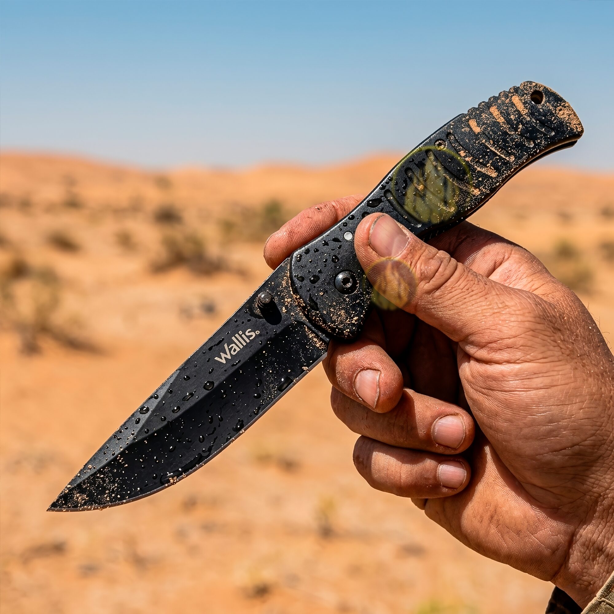 Navaja Militar Uso Rudo Wallis negra con clip y hoja de acero inoxidable afilada para caza y uso táctico Navaja Militar Uso Rudo marca Wallis modelo K900334 con seguro anti cierre y diseño táctico resistente