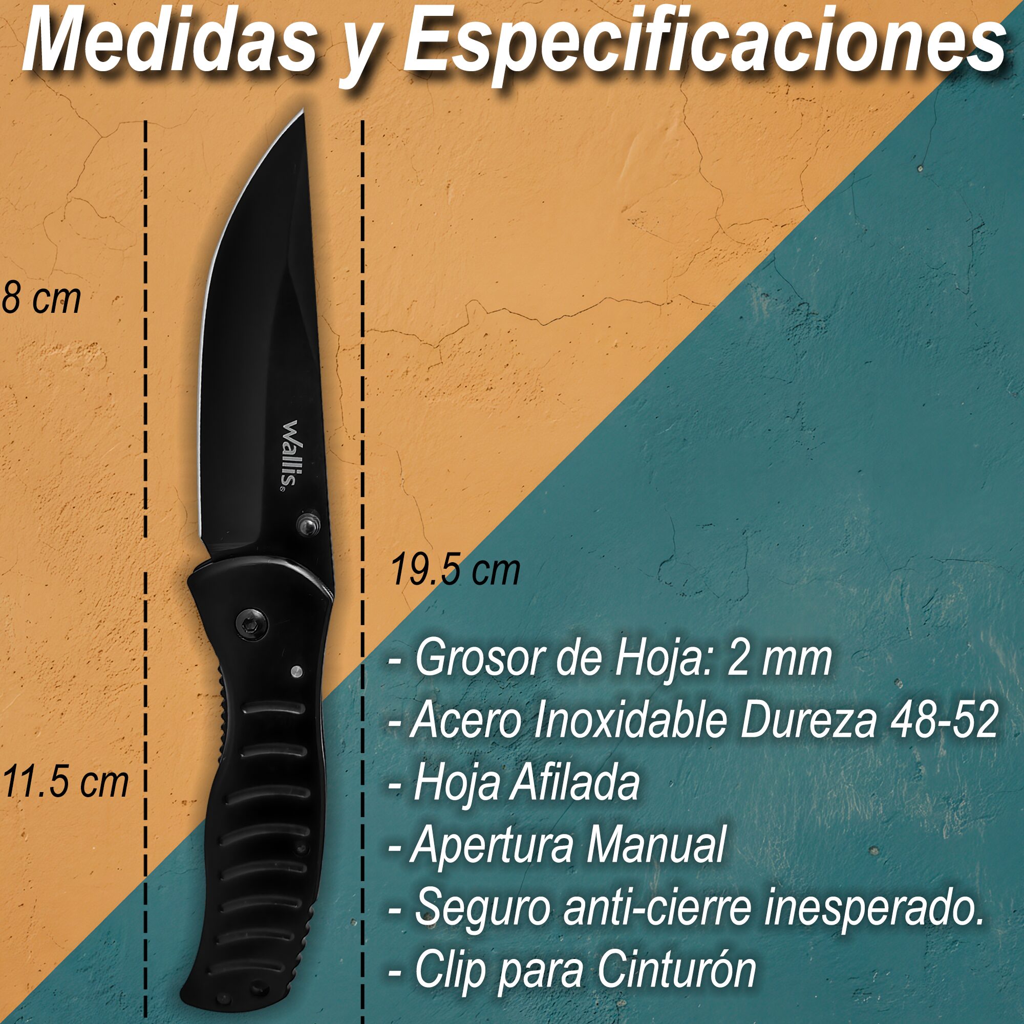 Navaja Militar Uso Rudo Wallis negra con clip y hoja de acero inoxidable afilada para caza y uso táctico Navaja Militar Uso Rudo marca Wallis modelo K900334 con seguro anti cierre y diseño táctico resistente