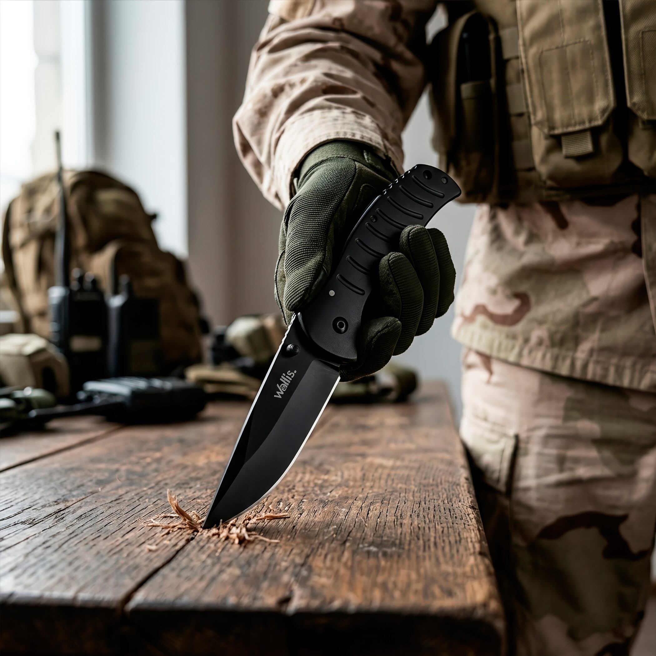 Navaja Militar Uso Rudo Wallis negra con clip y hoja de acero inoxidable afilada para caza y uso táctico Navaja Militar Uso Rudo marca Wallis modelo K900334 con seguro anti cierre y diseño táctico resistente