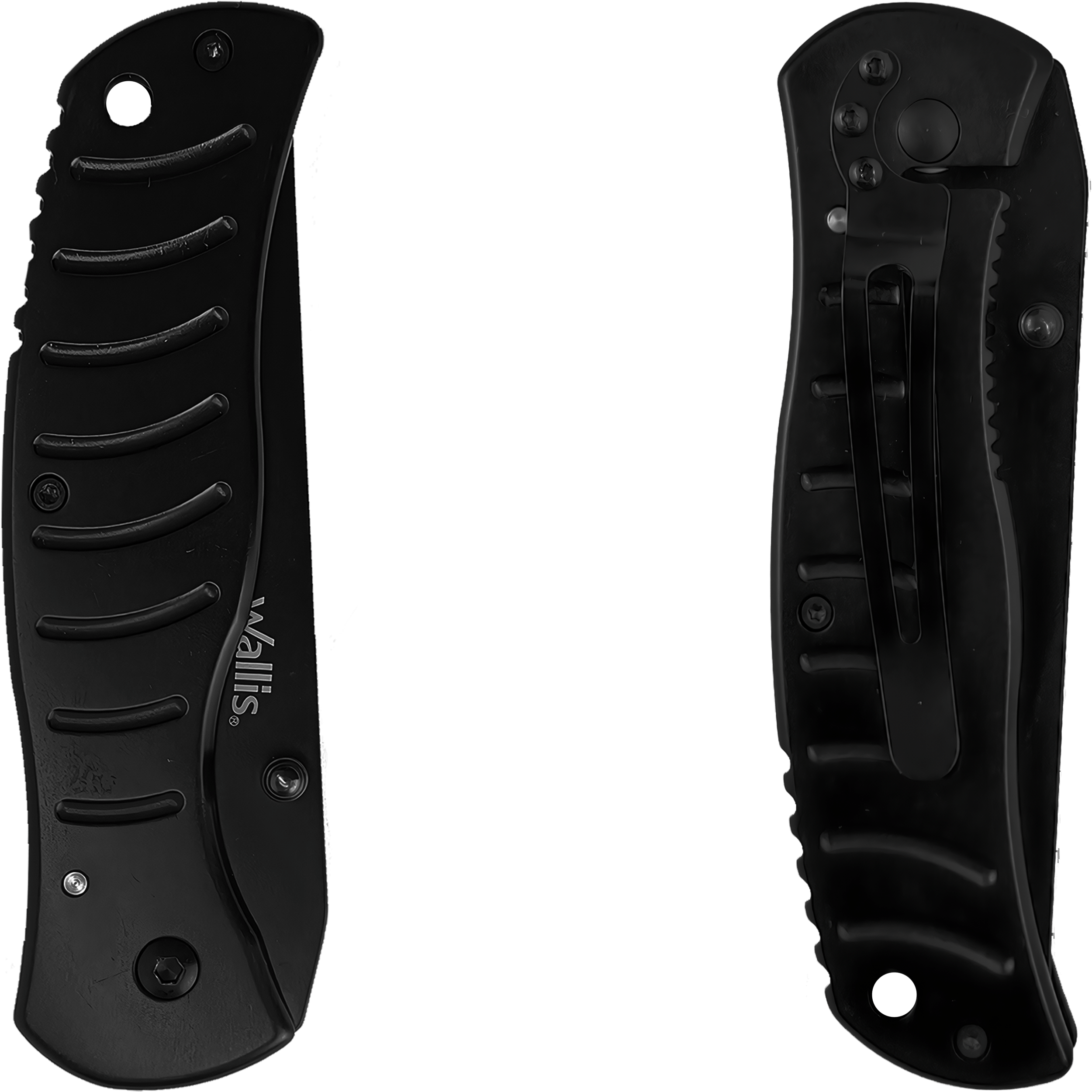 Navaja Militar Uso Rudo Wallis negra con clip y hoja de acero inoxidable afilada para caza y uso táctico Navaja Militar Uso Rudo marca Wallis modelo K900334 con seguro anti cierre y diseño táctico resistente