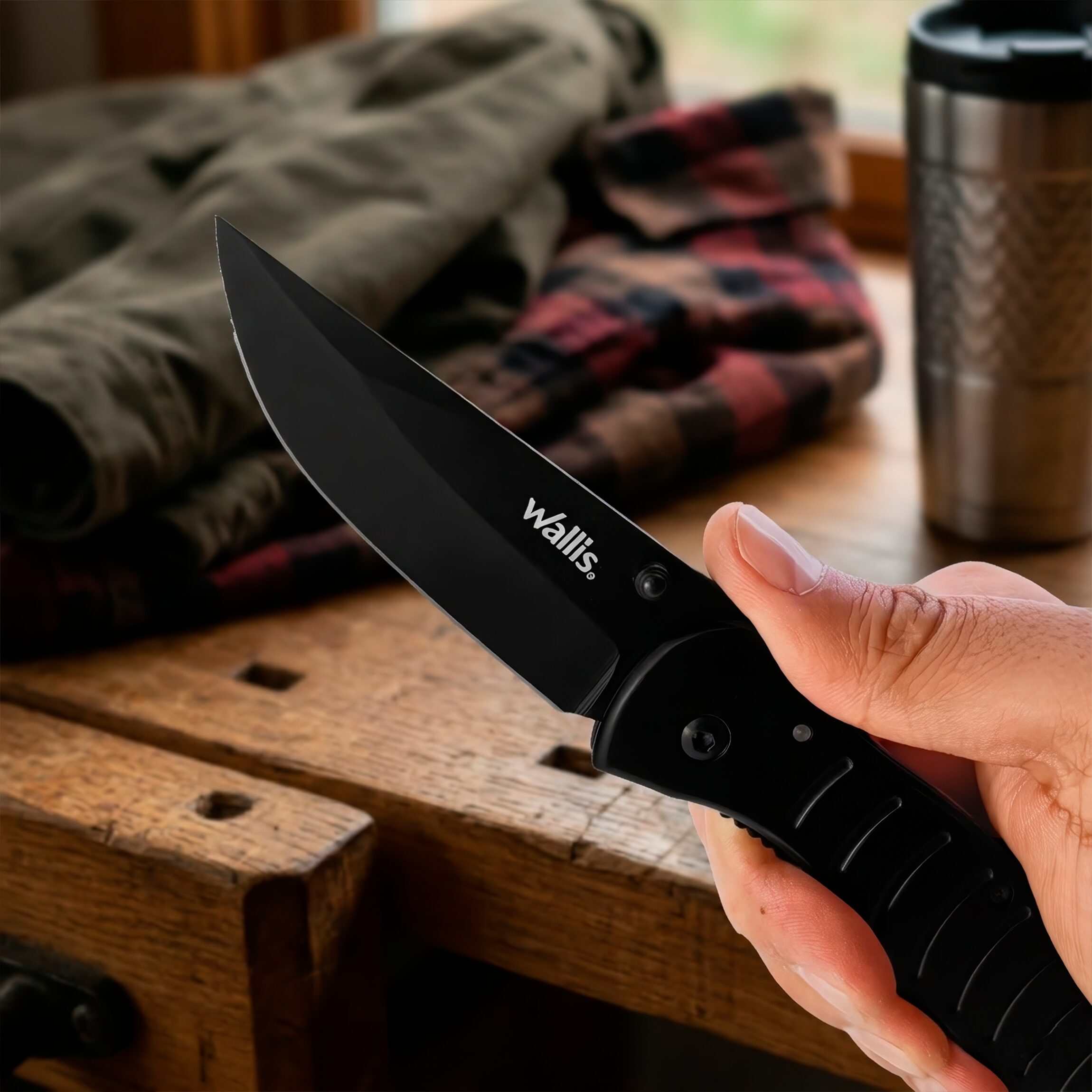 Navaja Militar Uso Rudo Wallis negra con clip y hoja de acero inoxidable afilada para caza y uso táctico Navaja Militar Uso Rudo marca Wallis modelo K900334 con seguro anti cierre y diseño táctico resistente