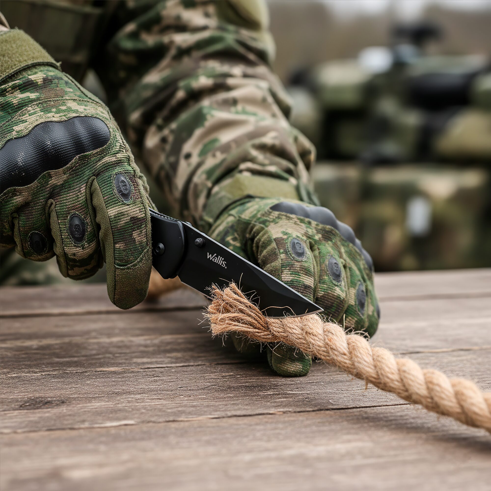 Navaja Militar Uso Rudo Wallis negra con clip y hoja de acero inoxidable afilada para caza y uso táctico Navaja Militar Uso Rudo marca Wallis modelo K900334 con seguro anti cierre y diseño táctico resistente