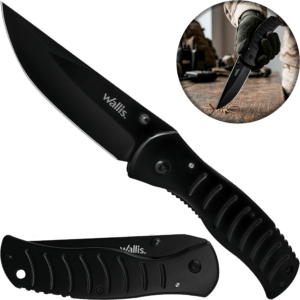 Navaja Militar Uso Rudo Wallis negra con clip y hoja de acero inoxidable afilada para caza y uso táctico Navaja Militar Uso Rudo marca Wallis modelo K900334 con seguro anti cierre y diseño táctico resistente