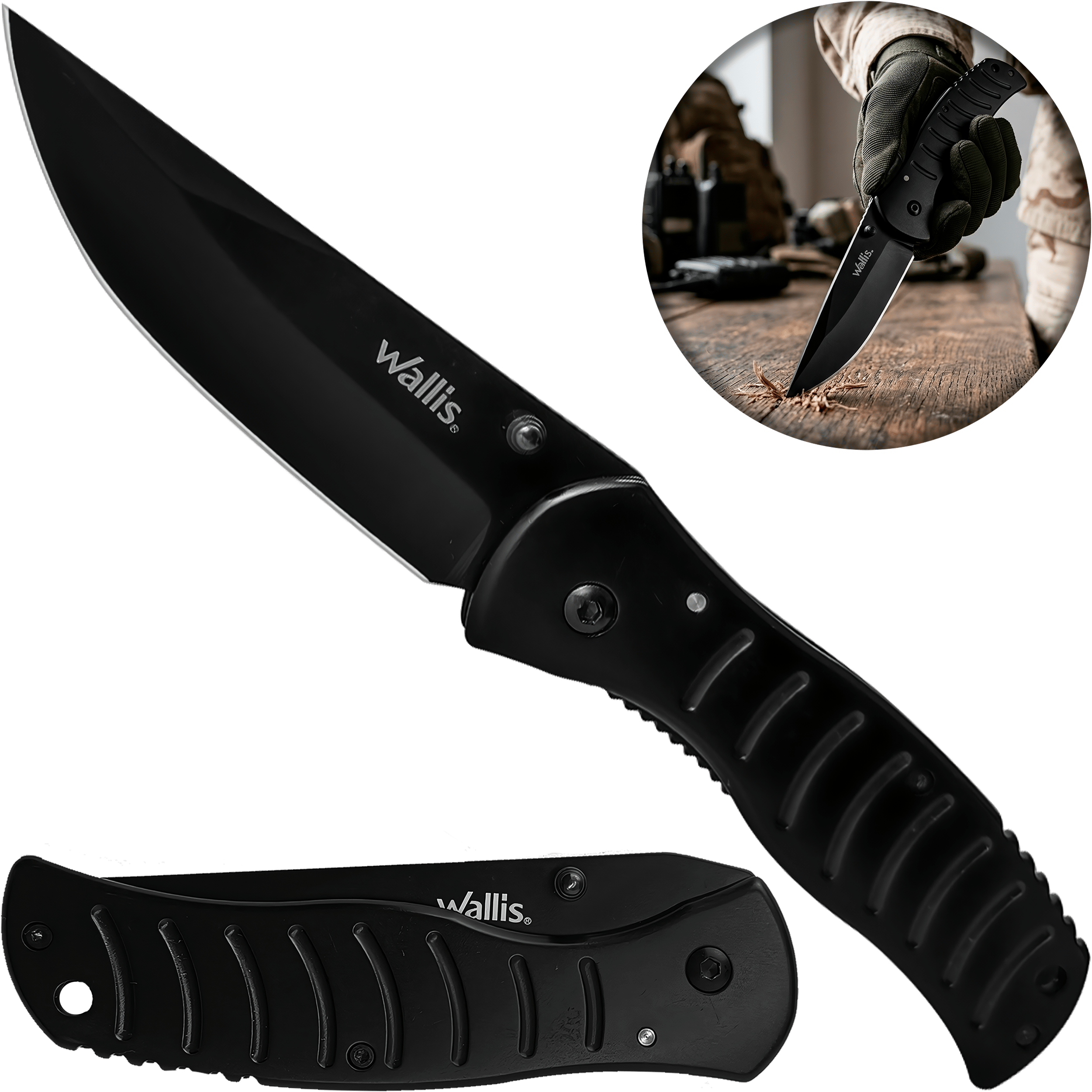 Navaja Militar Uso Rudo Wallis negra con clip y hoja de acero inoxidable afilada para caza y uso táctico Navaja Militar Uso Rudo marca Wallis modelo K900334 con seguro anti cierre y diseño táctico resistente