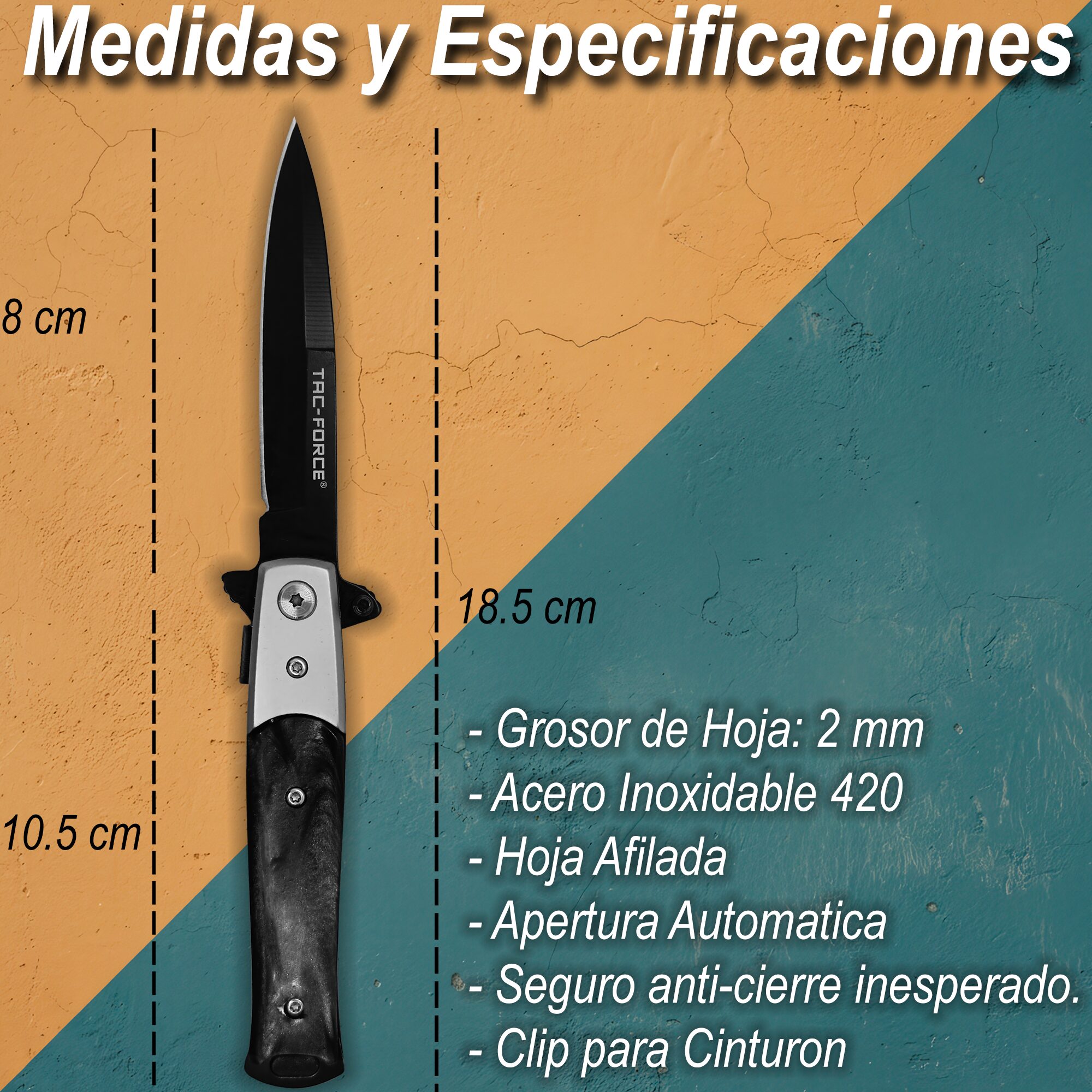 Navaja Stiletto Automática Tac-Force modelo TF-438BP con cachas nacar negro hoja de acero inoxidable 420 y clip para cinturón Navaja Stiletto Automática estilo italiano clásico con apertura automática hoja lisa afilada marca Tac-Force modelo TF-438BP