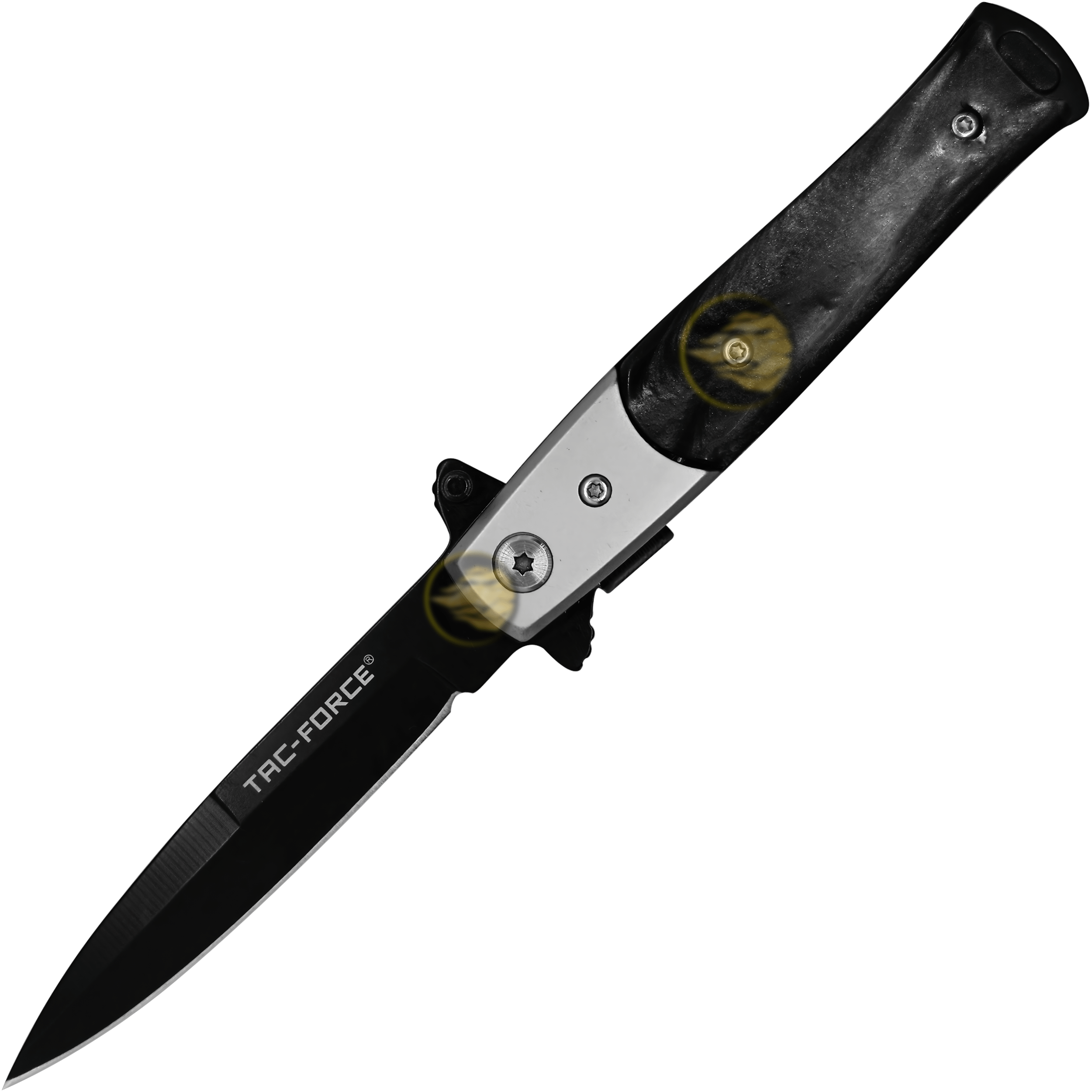 Navaja Stiletto Automática Tac-Force modelo TF-438BP con cachas nacar negro hoja de acero inoxidable 420 y clip para cinturón Navaja Stiletto Automática estilo italiano clásico con apertura automática hoja lisa afilada marca Tac-Force modelo TF-438BP