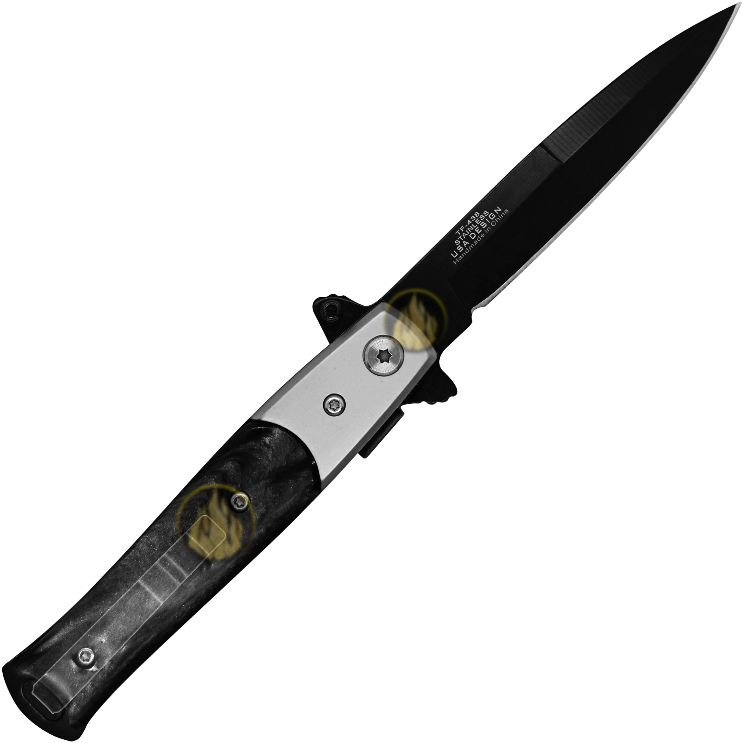 Navaja Stiletto Automática Tac-Force modelo TF-438BP con cachas nacar negro hoja de acero inoxidable 420 y clip para cinturón Navaja Stiletto Automática estilo italiano clásico con apertura automática hoja lisa afilada marca Tac-Force modelo TF-438BP