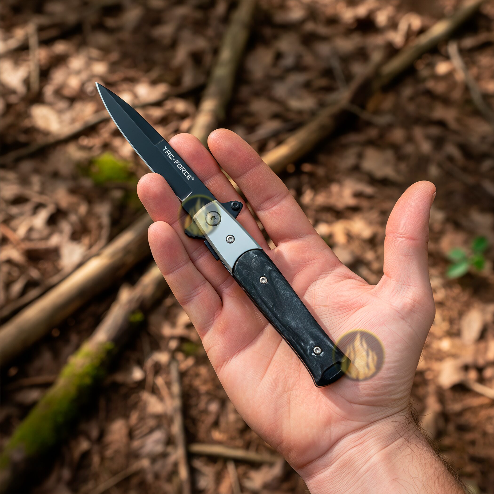 Navaja Stiletto Automática Tac-Force modelo TF-438BP con cachas nacar negro hoja de acero inoxidable 420 y clip para cinturón Navaja Stiletto Automática estilo italiano clásico con apertura automática hoja lisa afilada marca Tac-Force modelo TF-438BP