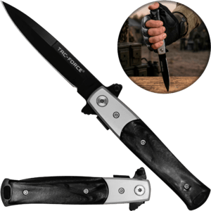 Navaja Stiletto Automática Tac-Force modelo TF-438BP con cachas nacar negro hoja de acero inoxidable 420 y clip para cinturón Navaja Stiletto Automática estilo italiano clásico con apertura automática hoja lisa afilada marca Tac-Force modelo TF-438BP