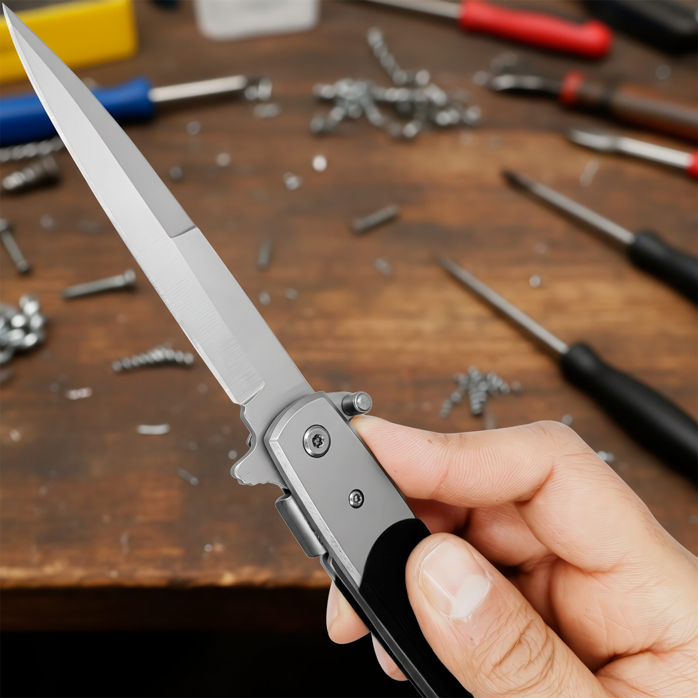 Navaja Stiletto Automática Clásica Razor Tactical con hoja lisa de acero inoxidable 440 y diseño táctico italiano con clip. Clásica marca Razor Tactical modelo RT 7033G10 con hoja afilada de 10 cm y mango de 12.3 cm.