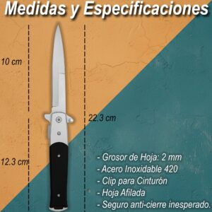 Navaja Stiletto Automática Clásica Razor Tactical con hoja lisa de acero inoxidable 440 y diseño táctico italiano con clip. Clásica marca Razor Tactical modelo RT 7033G10 con hoja afilada de 10 cm y mango de 12.3 cm.