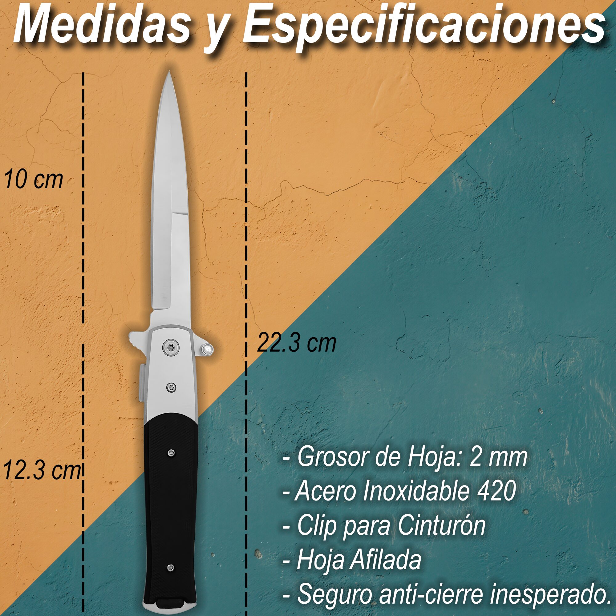 Navaja Stiletto Automática Clásica Razor Tactical con hoja lisa de acero inoxidable 440 y diseño táctico italiano con clip. Clásica marca Razor Tactical modelo RT 7033G10 con hoja afilada de 10 cm y mango de 12.3 cm.