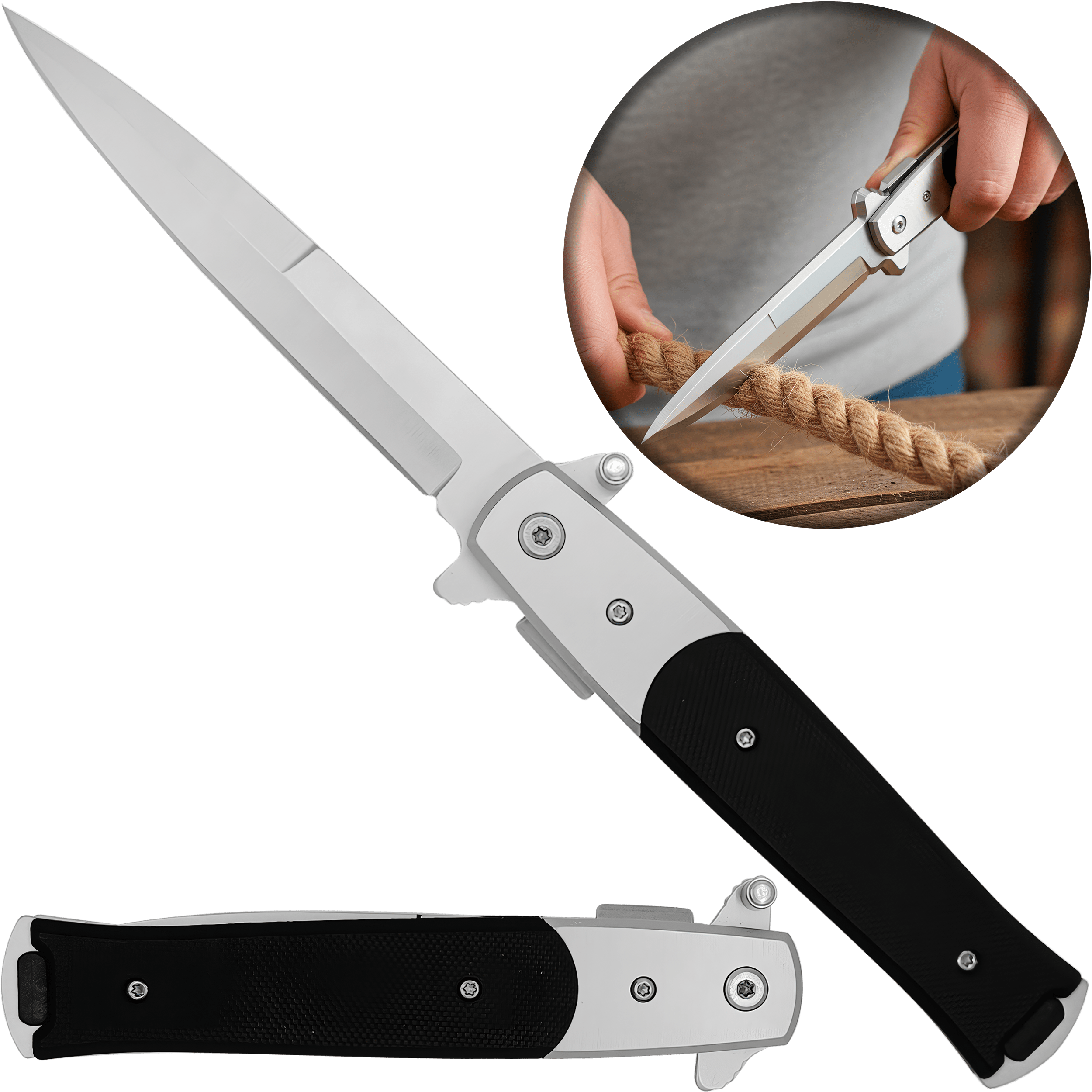 Navaja Stiletto Automática Clásica Razor Tactical con hoja lisa de acero inoxidable 440 y diseño táctico italiano con clip. Clásica marca Razor Tactical modelo RT 7033G10 con hoja afilada de 10 cm y mango de 12.3 cm.