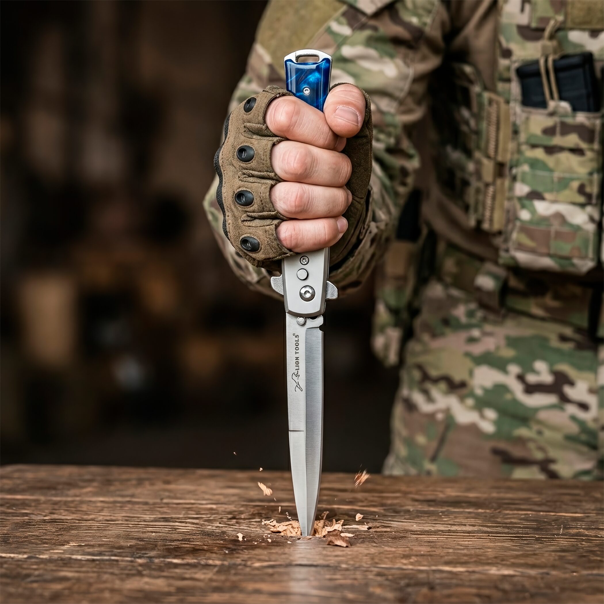Navaja Stiletto Automática Lion Tools con apertura de botón y hoja de acero inoxidable 440 color azul Navaja Stiletto Automática marca Lion Tools con cachas nacar azul y clip para cinturón estilo italiano 7086