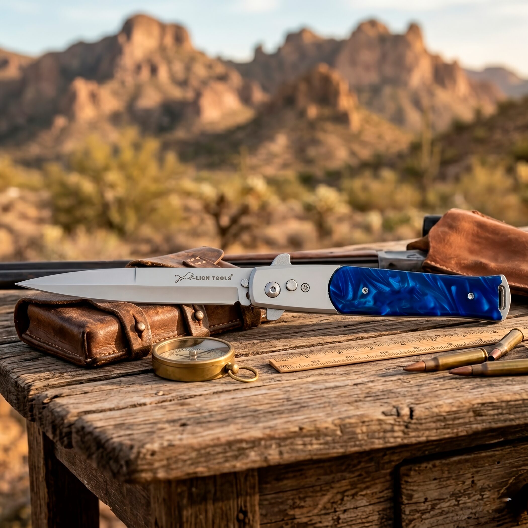 Navaja Stiletto Automática Lion Tools con apertura de botón y hoja de acero inoxidable 440 color azul Navaja Stiletto Automática marca Lion Tools con cachas nacar azul y clip para cinturón estilo italiano 7086