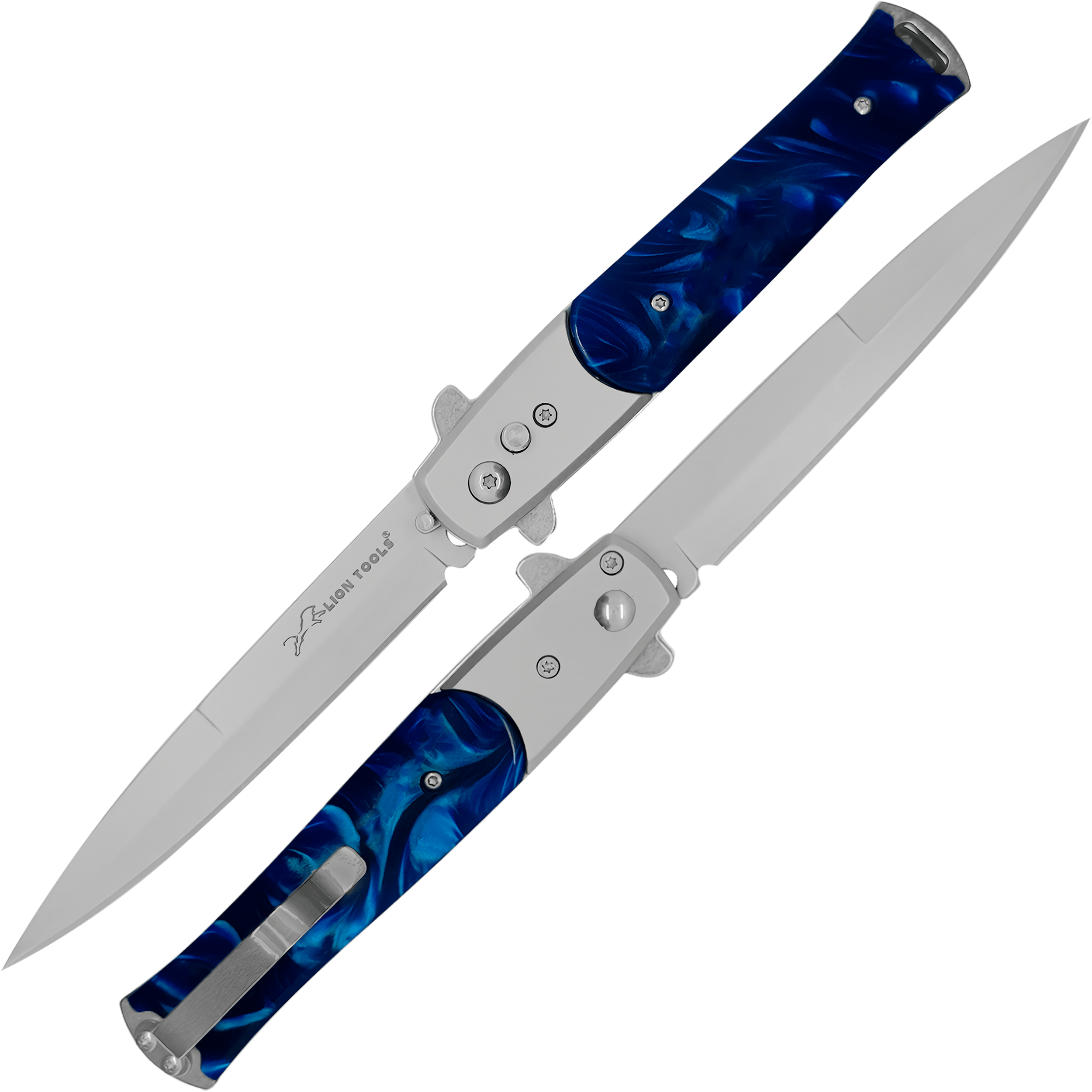 Navaja Stiletto Automática Lion Tools con apertura de botón y hoja de acero inoxidable 440 color azul Navaja Stiletto Automática marca Lion Tools con cachas nacar azul y clip para cinturón estilo italiano 7086