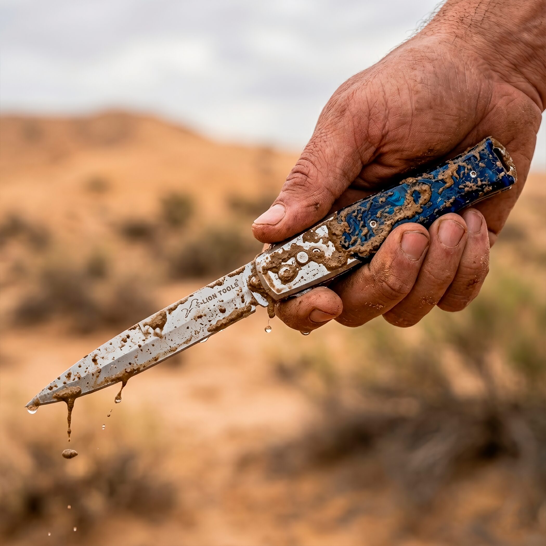 Navaja Stiletto Automática Lion Tools con apertura de botón y hoja de acero inoxidable 440 color azul Navaja Stiletto Automática marca Lion Tools con cachas nacar azul y clip para cinturón estilo italiano 7086