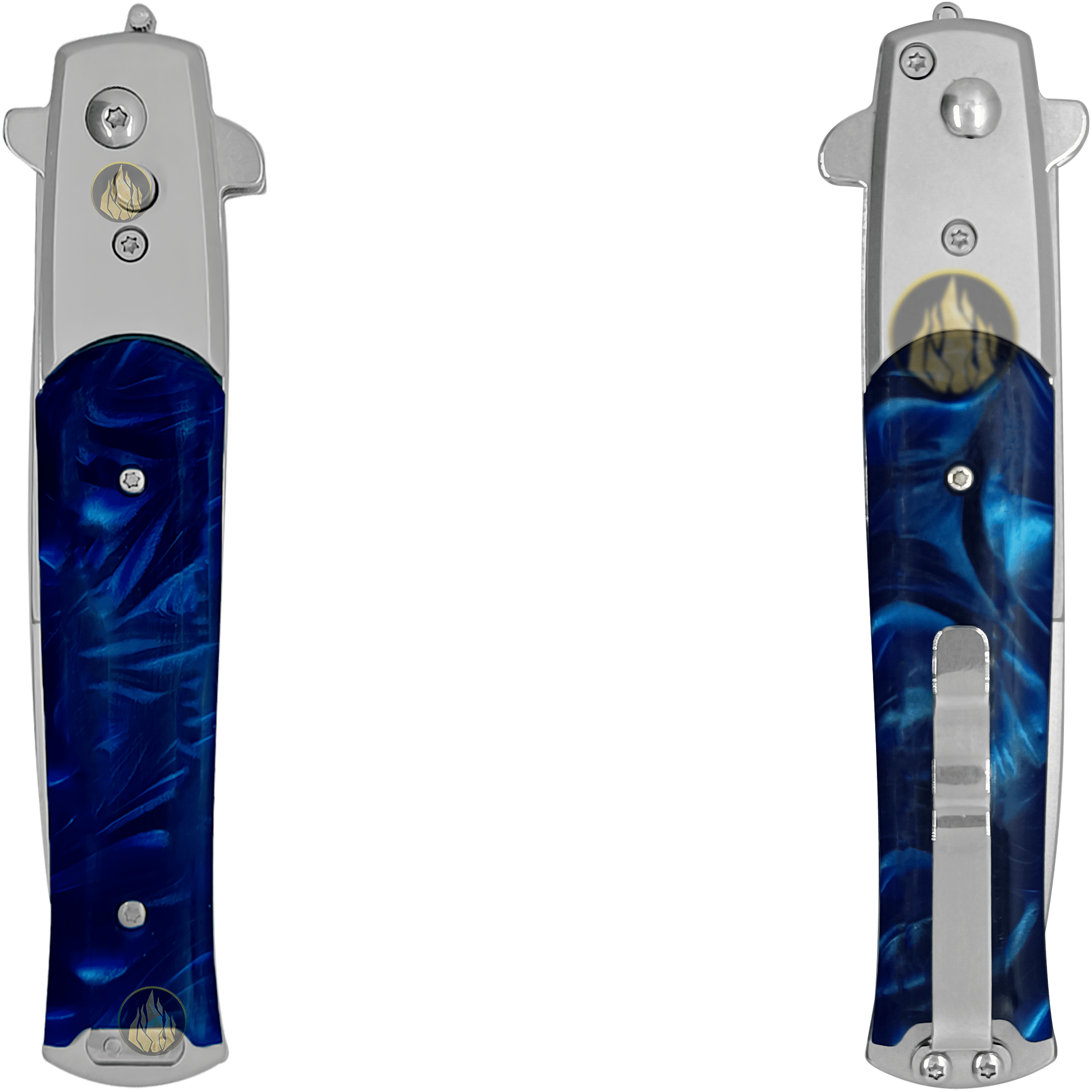 Navaja Stiletto Automática Lion Tools con apertura de botón y hoja de acero inoxidable 440 color azul Navaja Stiletto Automática marca Lion Tools con cachas nacar azul y clip para cinturón estilo italiano 7086