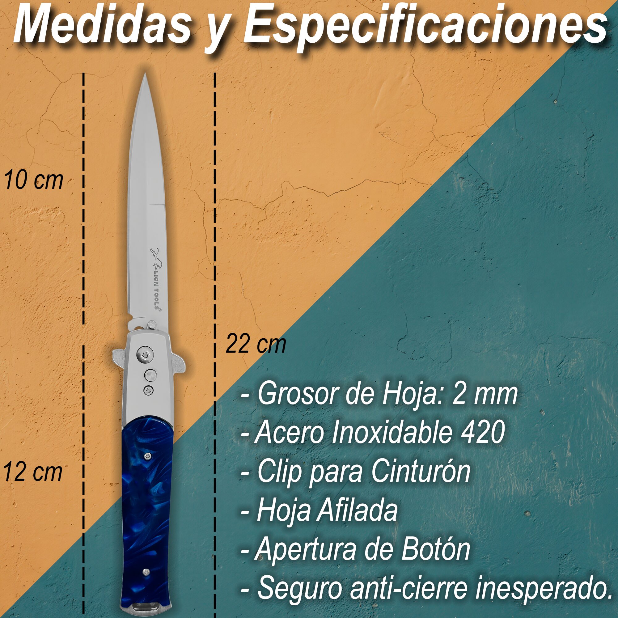 Navaja Stiletto Automática Lion Tools con apertura de botón y hoja de acero inoxidable 440 color azul Navaja Stiletto Automática marca Lion Tools con cachas nacar azul y clip para cinturón estilo italiano 7086