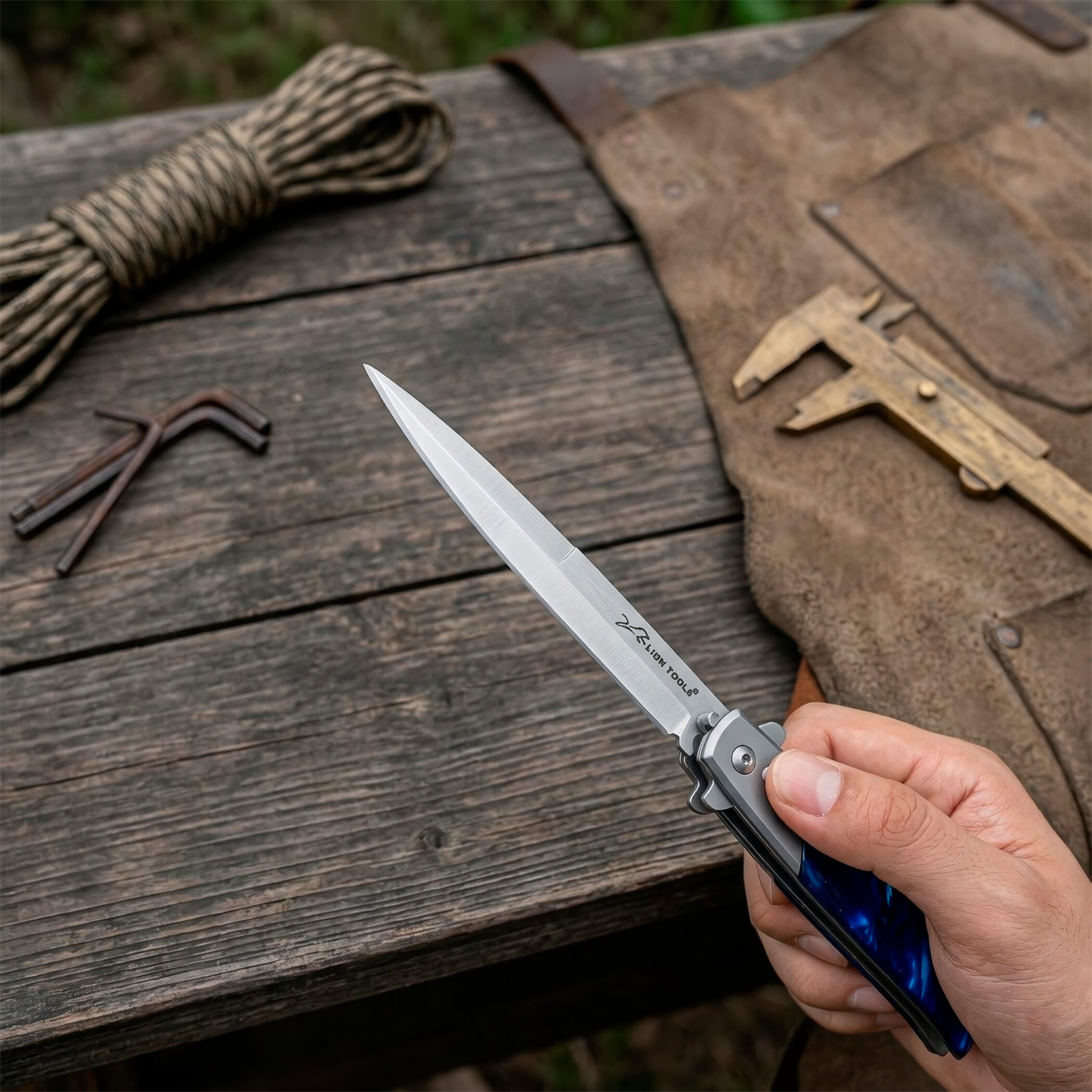 Navaja Stiletto Automática Lion Tools con apertura de botón y hoja de acero inoxidable 440 color azul Navaja Stiletto Automática marca Lion Tools con cachas nacar azul y clip para cinturón estilo italiano 7086