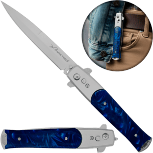 Navaja Stiletto Automática Lion Tools con apertura de botón y hoja de acero inoxidable 440 color azul Navaja Stiletto Automática marca Lion Tools con cachas nacar azul y clip para cinturón estilo italiano 7086