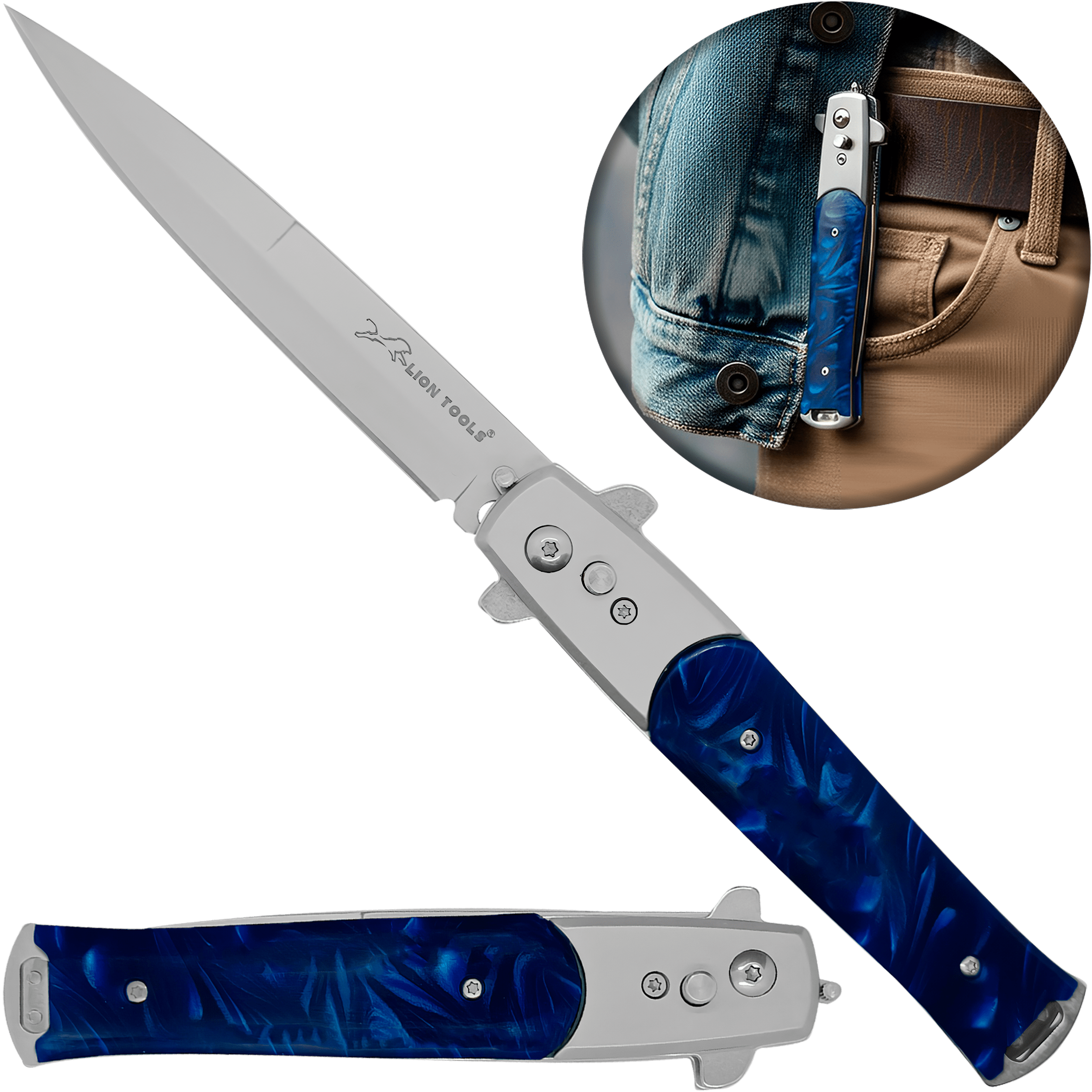 Navaja Stiletto Automática Lion Tools con apertura de botón y hoja de acero inoxidable 440 color azul Navaja Stiletto Automática marca Lion Tools con cachas nacar azul y clip para cinturón estilo italiano 7086