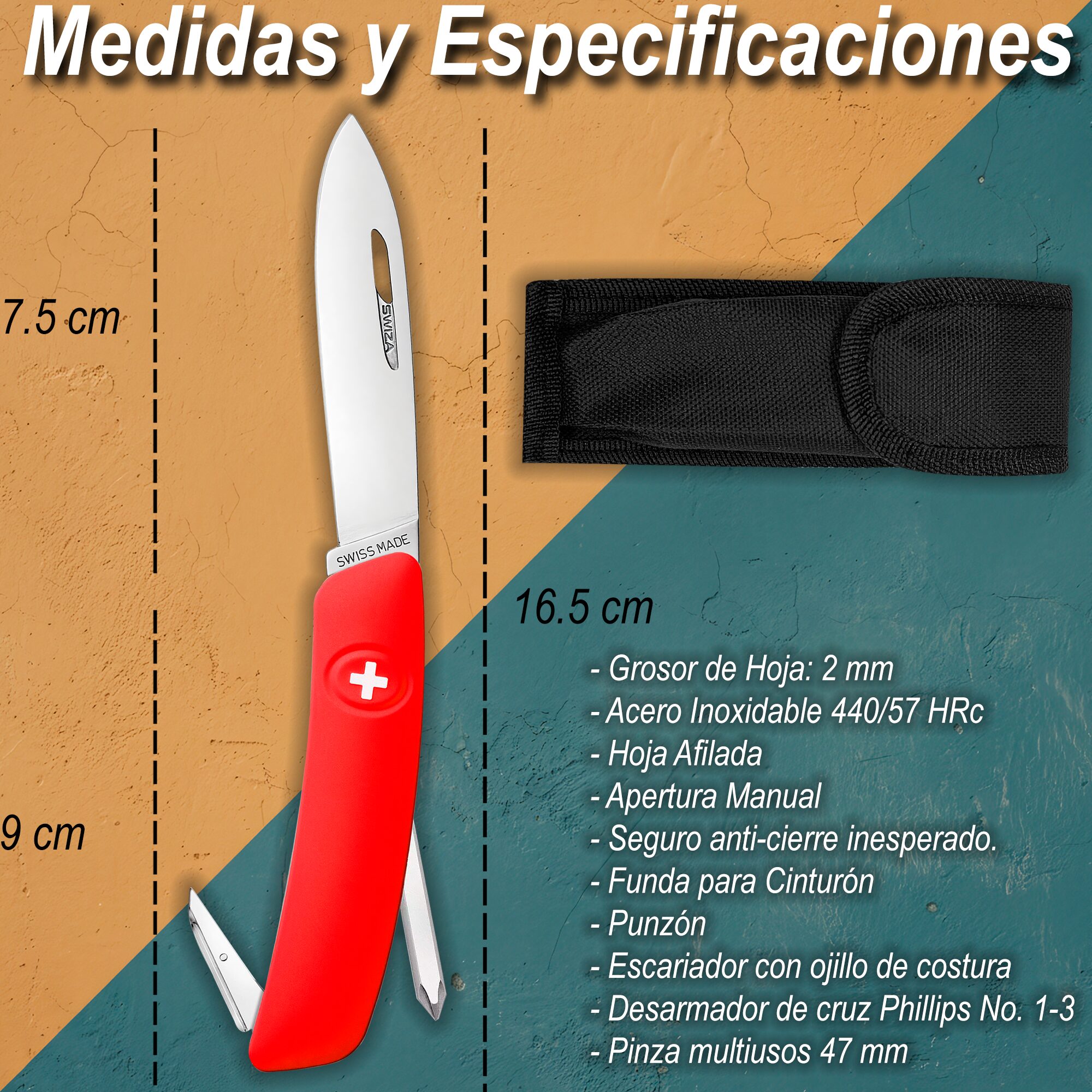 Navaja Suiza Multiherramienta con desarmador Phillips y hoja de acero inoxidable 440 modelo Standard D02 Navaja Suiza Multiherramienta con 6 funciones incluyendo pinza, punzón y escariador resistente