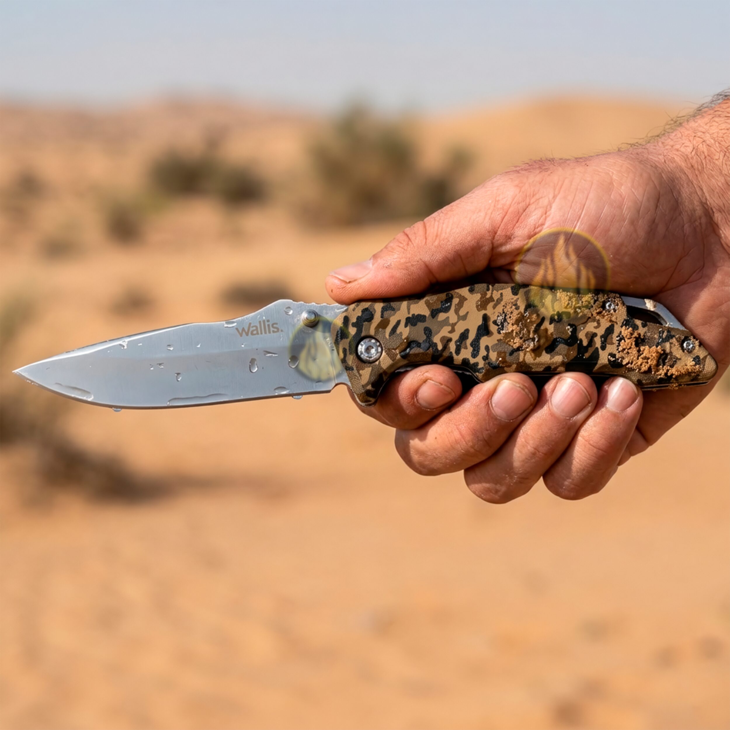 Navaja Tactica Camuflaje Uso Rudo Wallis con hoja de acero inoxidable y clip para cinturón resistente Navaja Tactica Camuflaje Uso Rudo marca Wallis modelo K901399 con apertura manual y seguro anti cierre